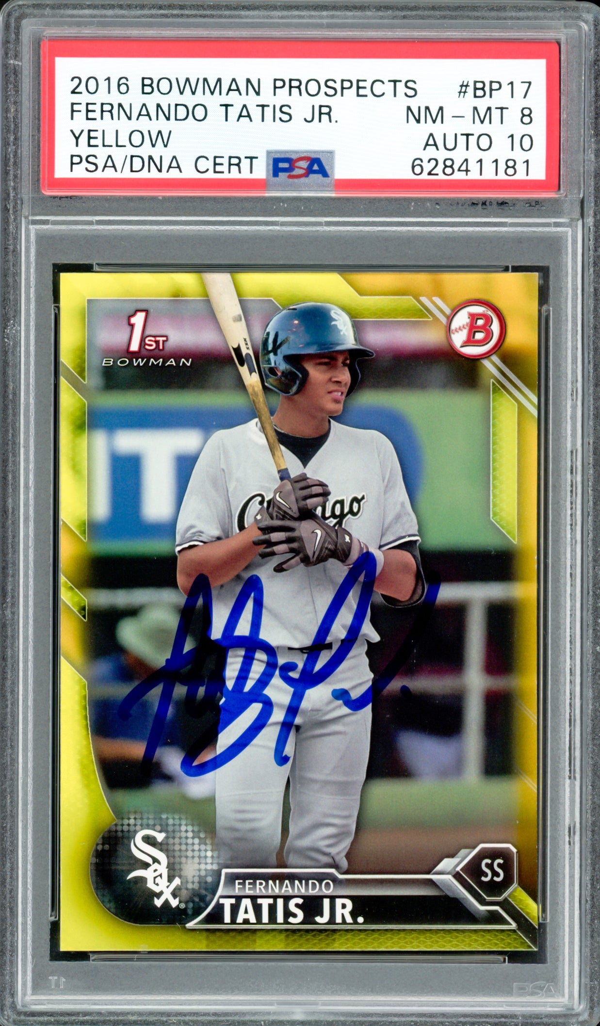 Fernando Tatis Jr. Autographed 2016 Bowman Prospects Yellow Rookie Card #BP17 San Diego Padres PSA 8 Auto Grade Gem Mint 10 PSA/DNA #62841181