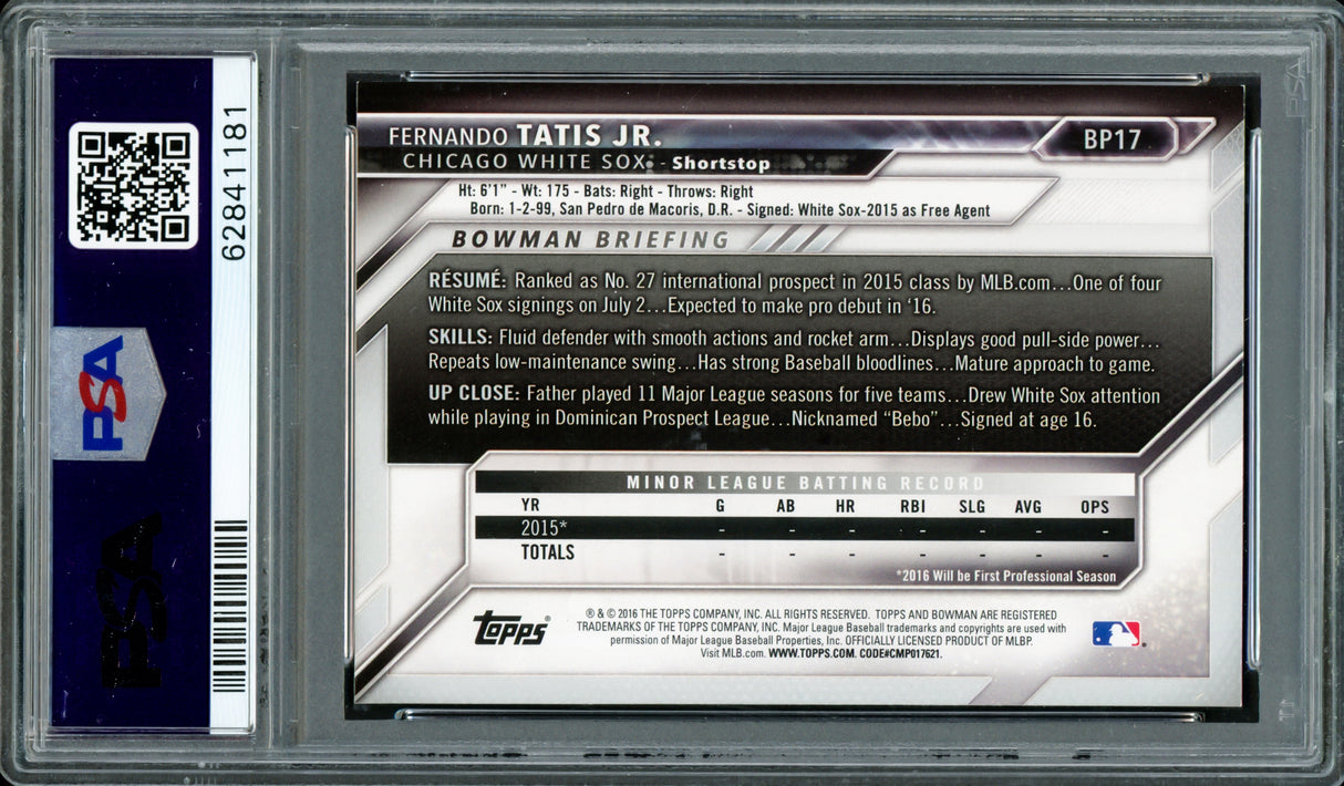 Fernando Tatis Jr. Autographed 2016 Bowman Prospects Yellow Rookie Card #BP17 San Diego Padres PSA 8 Auto Grade Gem Mint 10 PSA/DNA #62841181