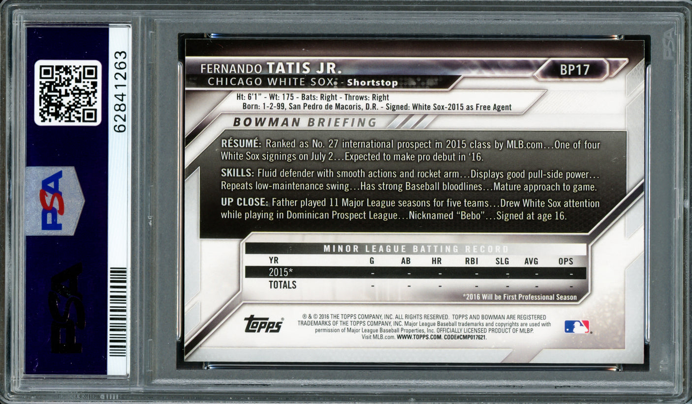 Fernando Tatis Jr. Autographed 2016 Bowman Prospects Rookie Card #BP17 San Diego Padres PSA 10 Auto Grade Gem Mint 10 PSA/DNA #62841263
