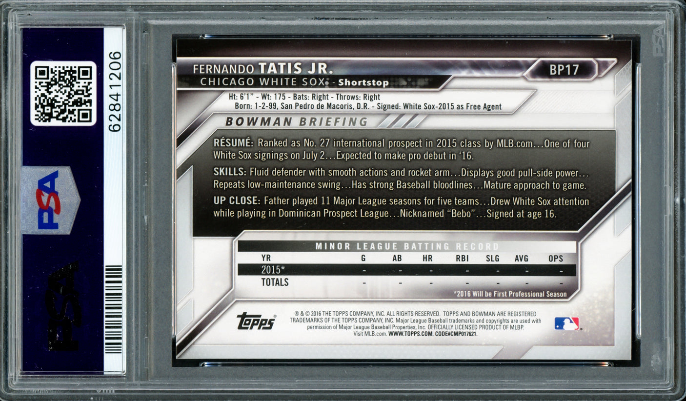 Fernando Tatis Jr. Autographed 2016 Bowman Prospects Rookie Card #BP17 San Diego Padres PSA 10 Auto Grade Gem Mint 10 PSA/DNA #62841206