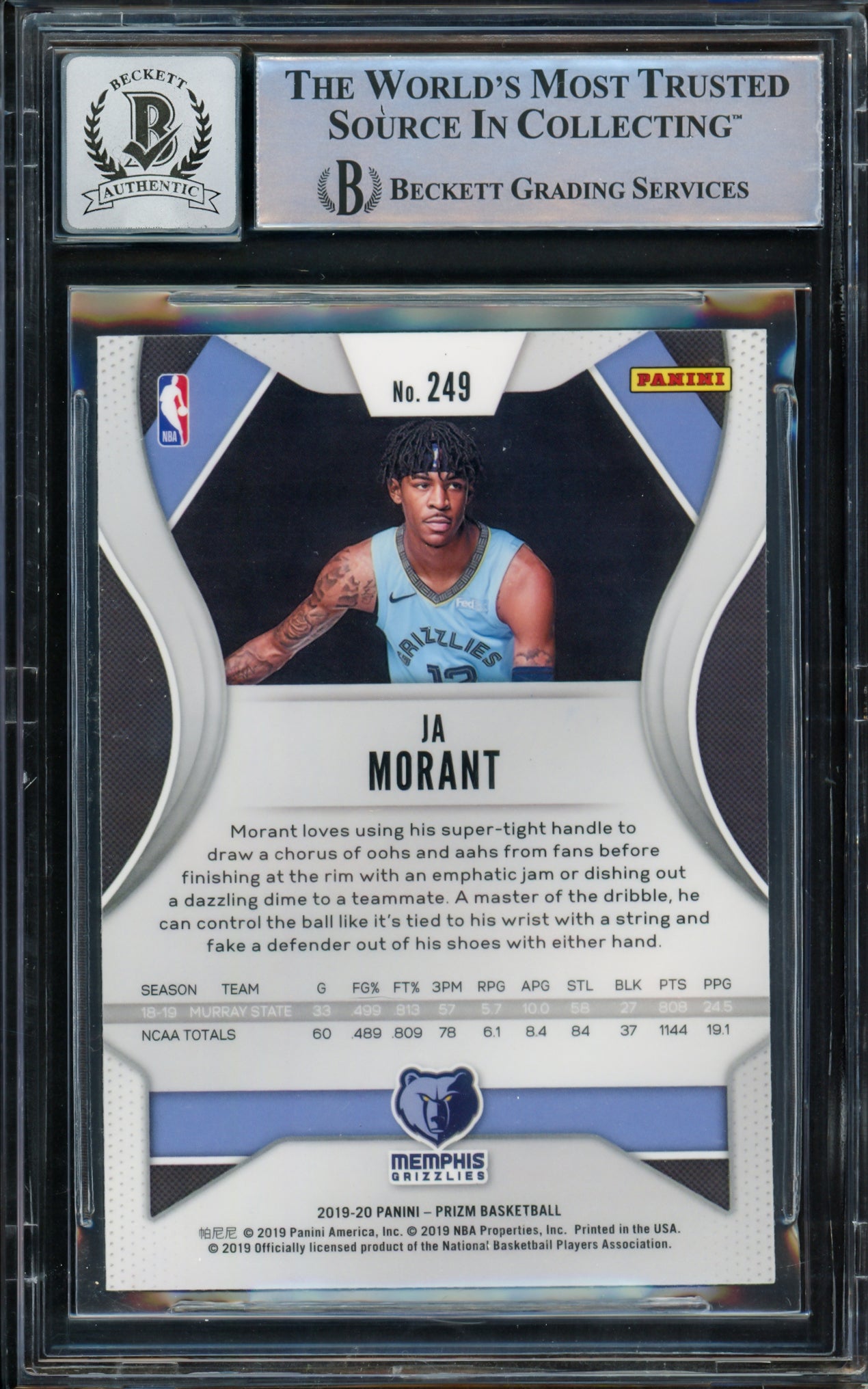 Ja Morant Autographed 2019-20 Panini Prizm Rookie Card #249 Memphis Grizzlies Auto Grade Gem Mint 10 Beckett BAS #15093766