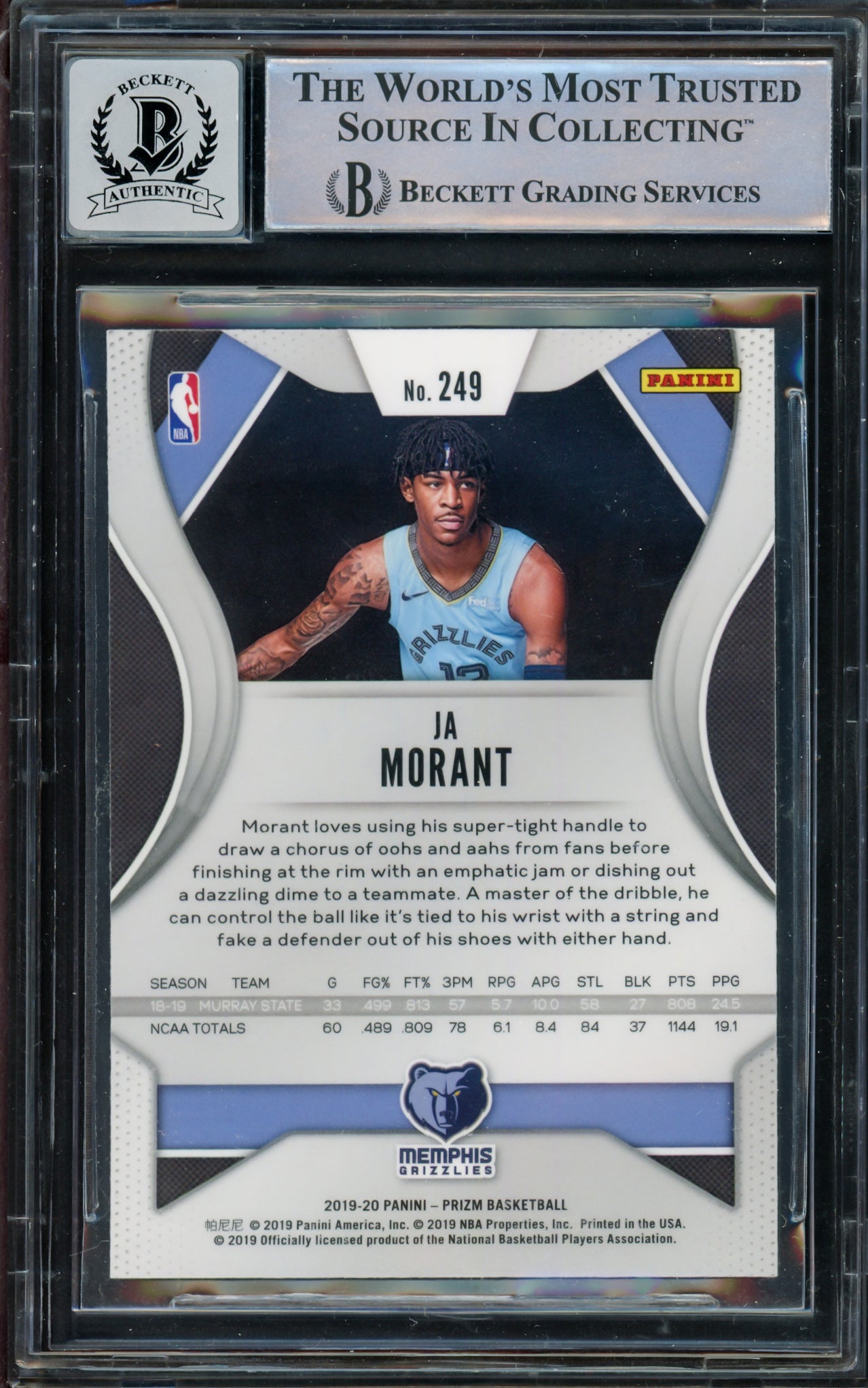 Ja Morant Autographed 2019-20 Panini Prizm Rookie Card #249 Memphis Grizzlies Auto Grade Gem Mint 10 Beckett BAS #15093767