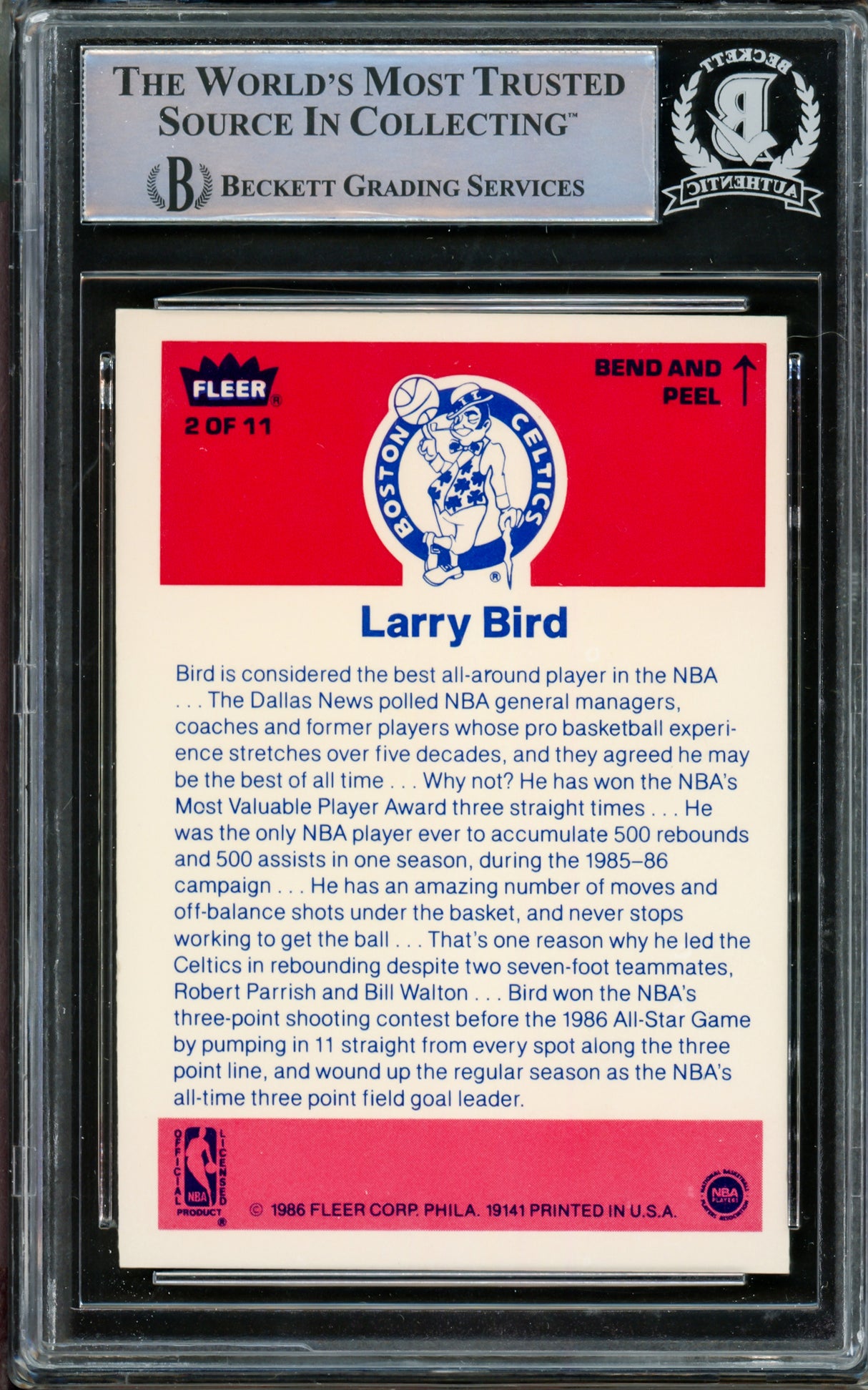 Larry Bird Autographed 1986-87 Fleer Stickers Card #2 Boston Celtics Beckett BAS #14612403