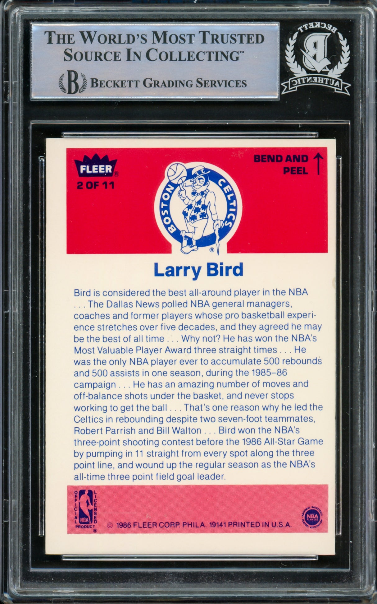 Larry Bird Autographed 1986-87 Fleer Stickers Card #2 Boston Celtics Beckett BAS #14612407