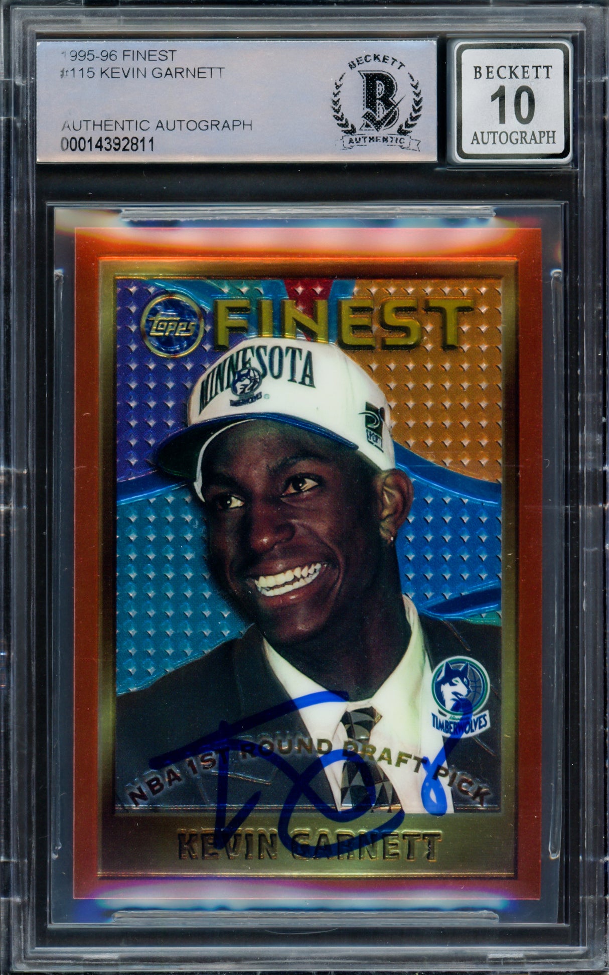 Kevin Garnett Autographed 1995-96 Finest Rookie Card #115 Minnesota Timberwolves Auto Grade Gem Mint 10 Beckett BAS #14392811