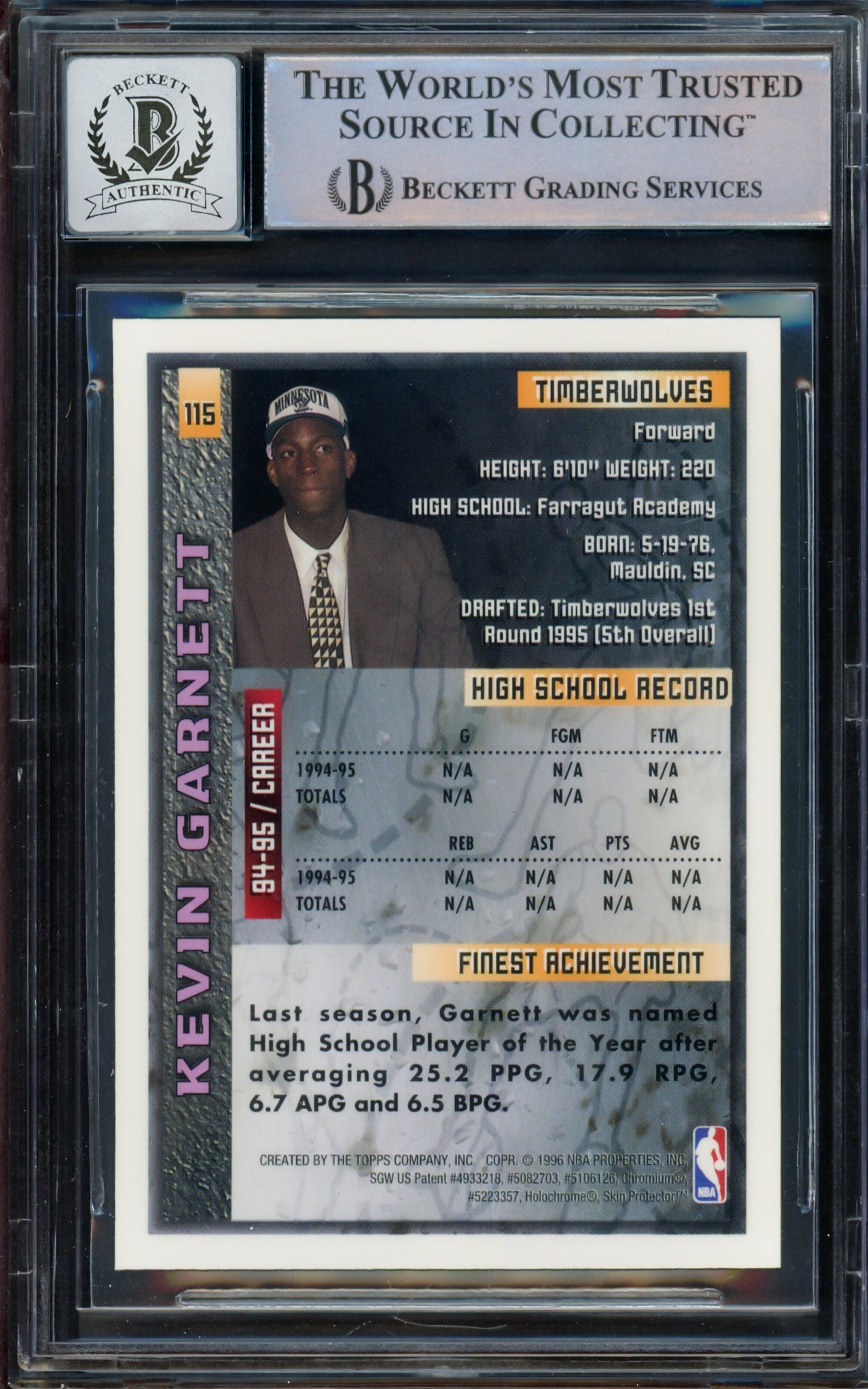 Kevin Garnett Autographed 1995-96 Finest Rookie Card #115 Minnesota Timberwolves Auto Grade Gem Mint 10 Beckett BAS #14392810