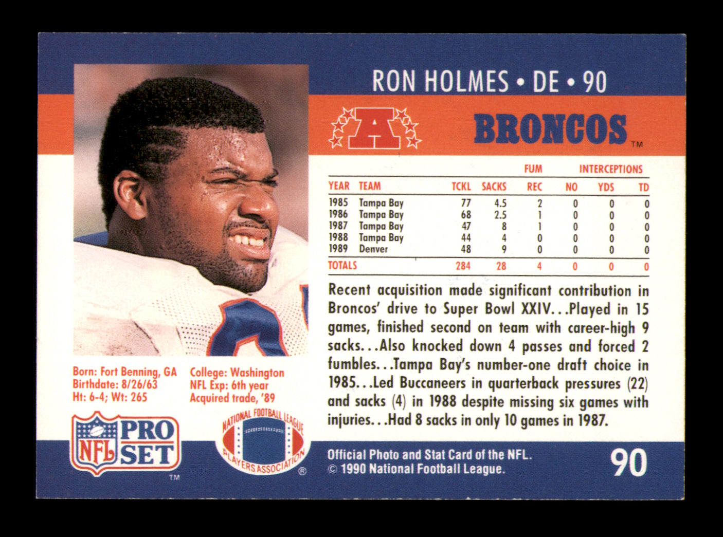 Ron Holmes Autographed 1990 Pro Set Card #90 Denver Broncos SKU #242117