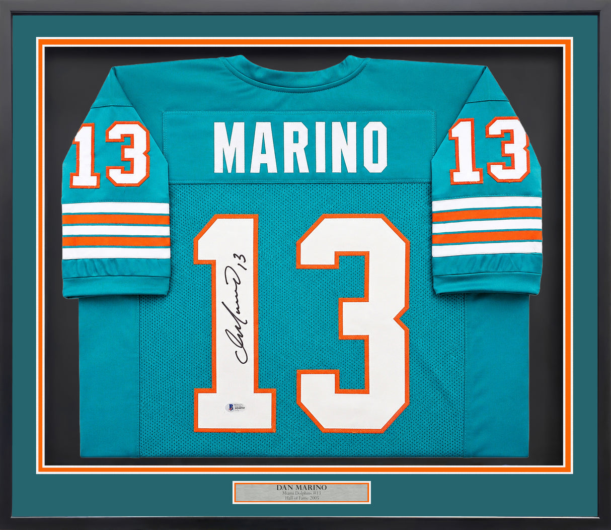 Miami Dolphins Dan Marino Autographed Framed Teal Jersey Beckett BAS QR Stock #265447