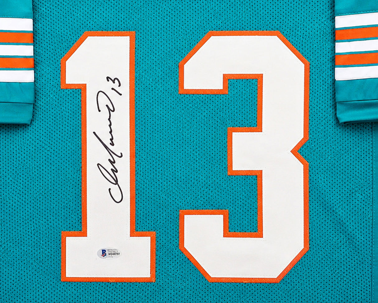 Miami Dolphins Dan Marino Autographed Framed Teal Jersey Beckett BAS QR Stock #265447