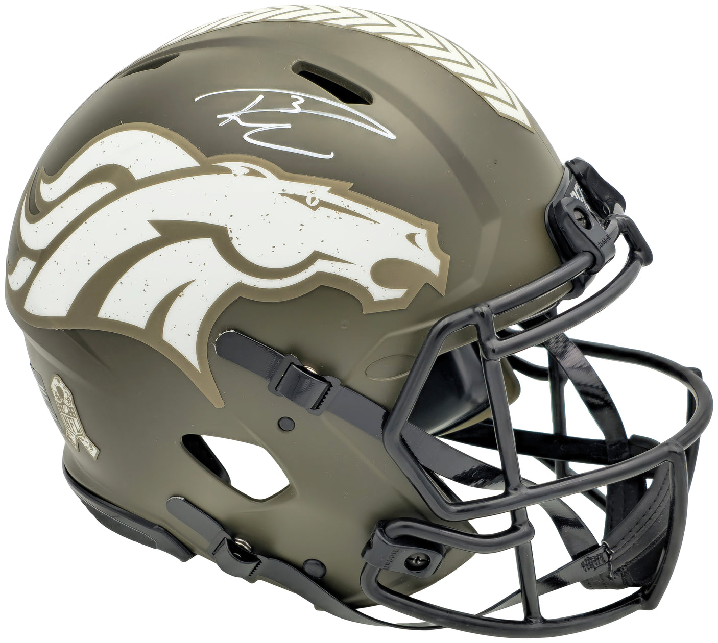 Russell Wilson Autographed Denver Broncos Camo Green Salute to Service Full Size Authentic Speed Helmet Fanatics Holo Stock #227929