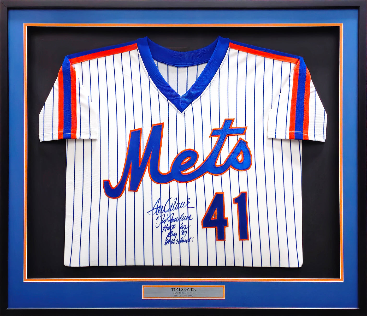 New York Mets Tom Seaver Autographed Framed White Pinstripes Jersey "The Franchise, HOF 92, ROY 67 & 69 WS Champs!" JSA #BB68385