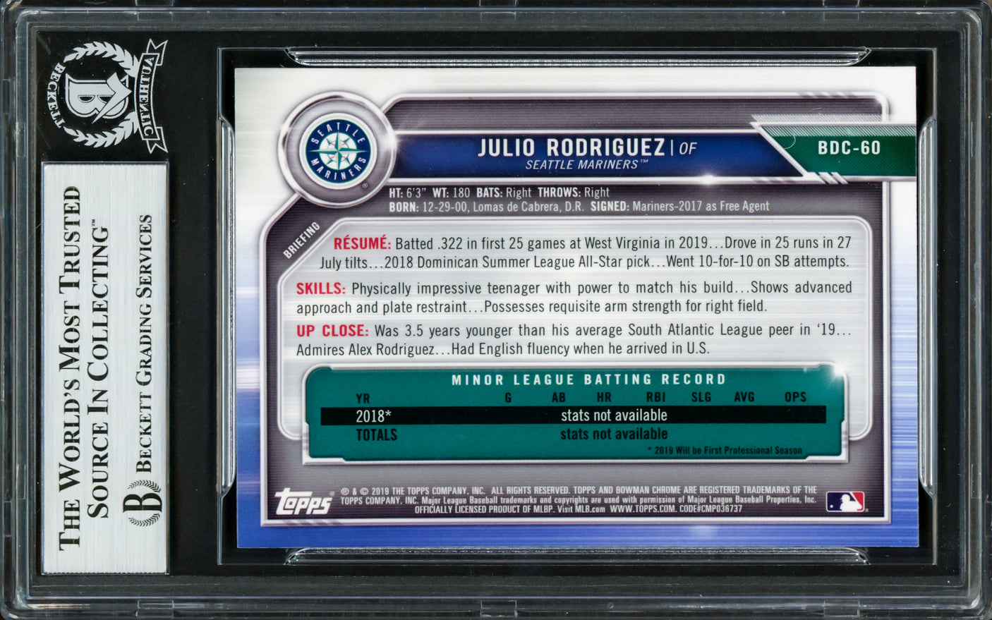 Julio Rodriguez Autographed 2019 Bowman Chrome Draft Rookie Card #BDC60 Seattle Mariners Beckett BAS Stock #228010