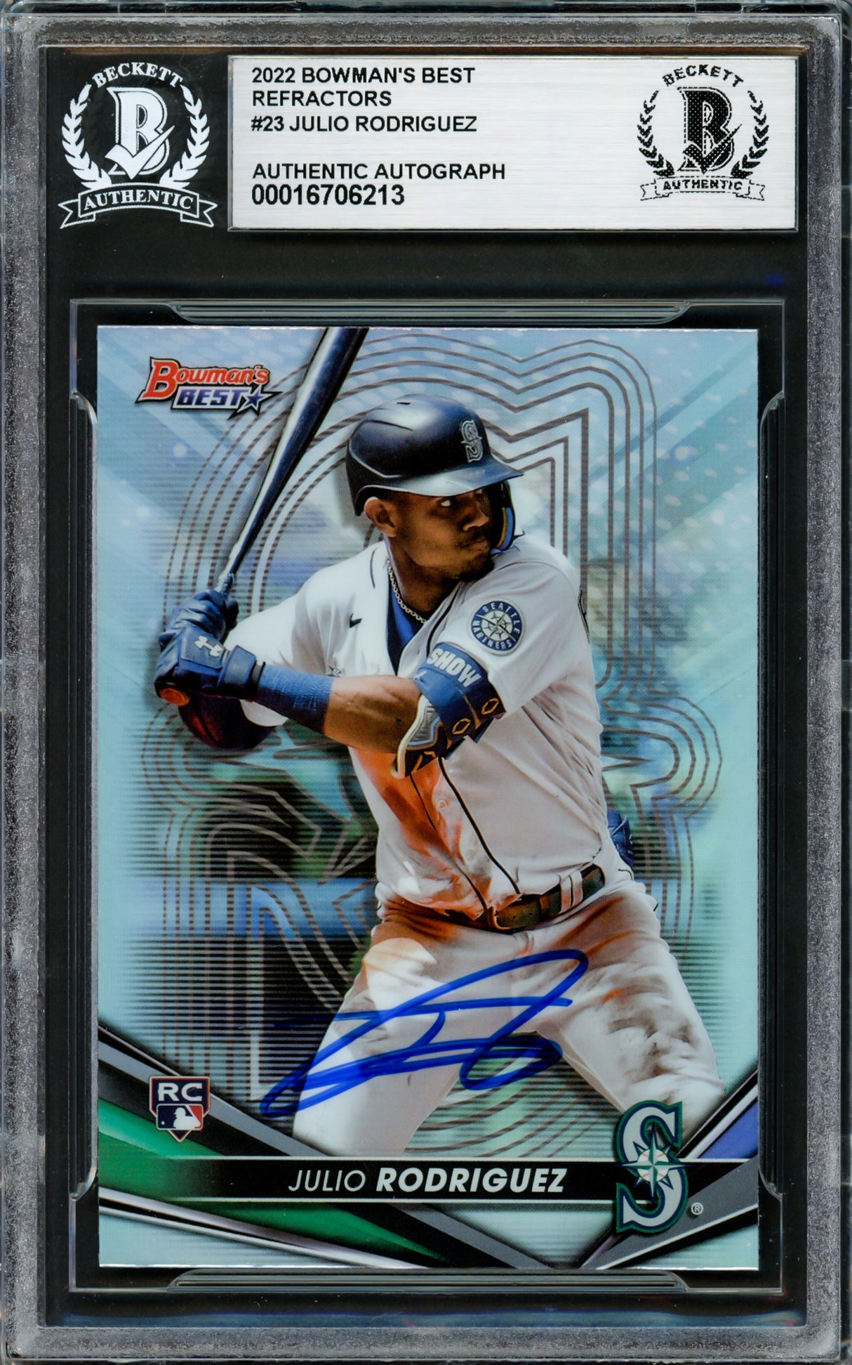 Julio Rodriguez Autographed 2022 Bowman's Best Refractor Rookie Card #23 Seattle Mariners Beckett BAS Stock #228012