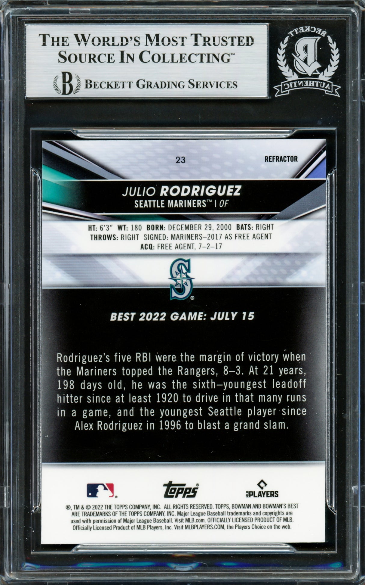 Julio Rodriguez Autographed 2022 Bowman's Best Refractor Rookie Card #23 Seattle Mariners Beckett BAS Stock #228012