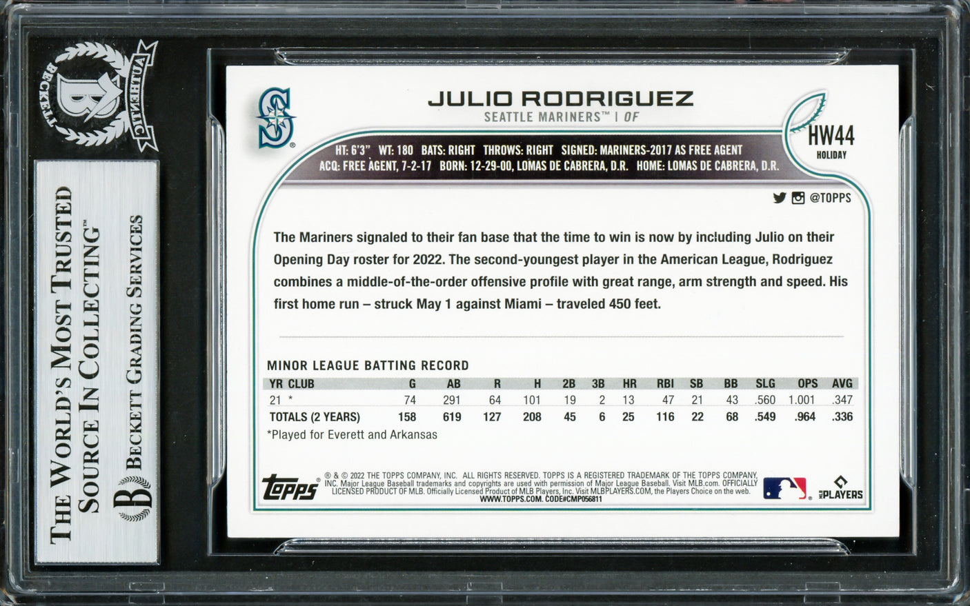 Julio Rodriguez Autographed 2022 Topps Holiday Rookie Card #HW99 Seattle Mariners Beckett BAS Stock #228015