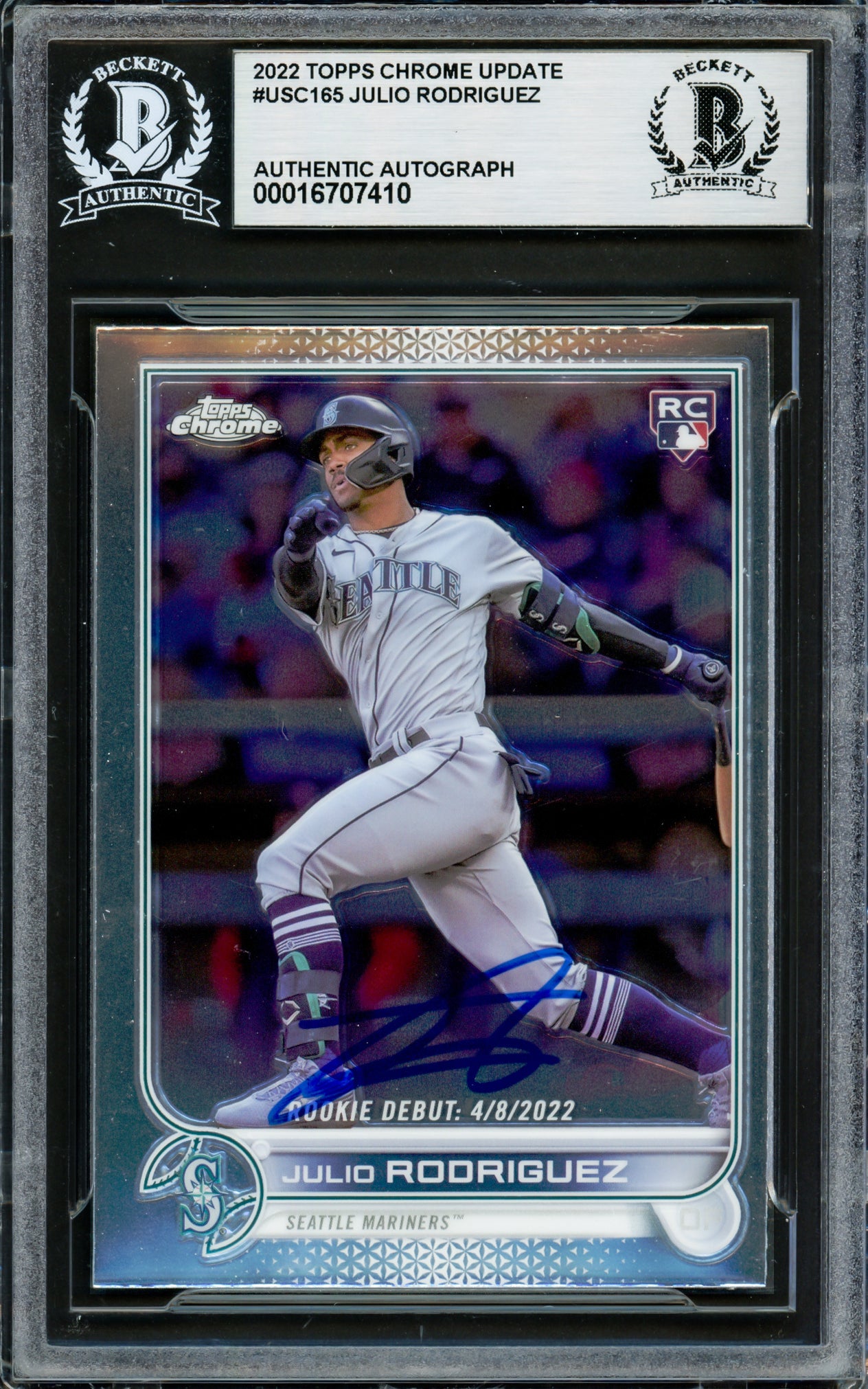 Julio Rodriguez Autographed 2022 Topps Chrome Update Rookie Card #USC165 Seattle Mariners Beckett BAS Stock #228023