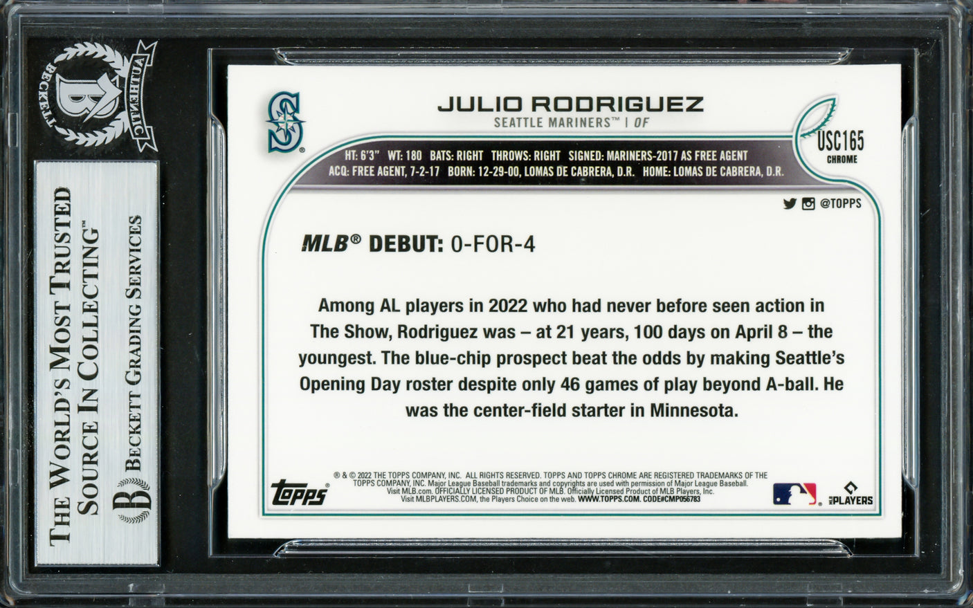 Julio Rodriguez Autographed 2022 Topps Chrome Update Rookie Card #USC165 Seattle Mariners Beckett BAS Stock #228023
