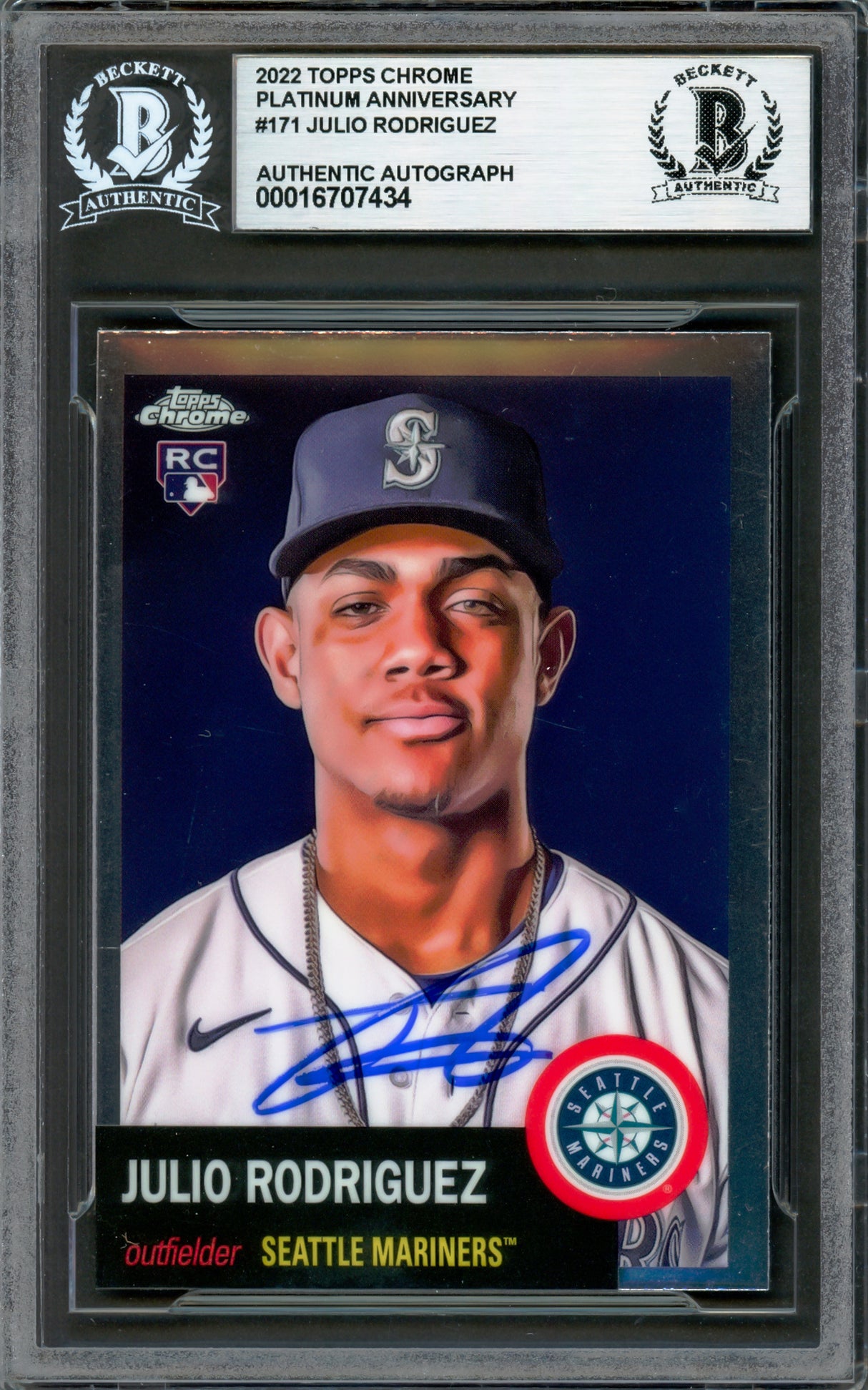 Julio Rodriguez Autographed 2022 Topps Chrome Platinum Anniversary Rookie Card #171 Seattle Mariners Beckett BAS Stock #228024