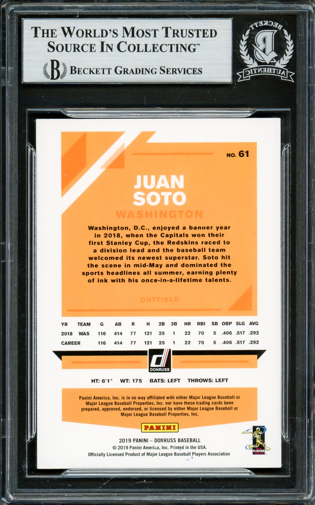 Juan Soto Autographed 2019 Donruss Card #61 New York Mets Beckett BAS Stock #228027