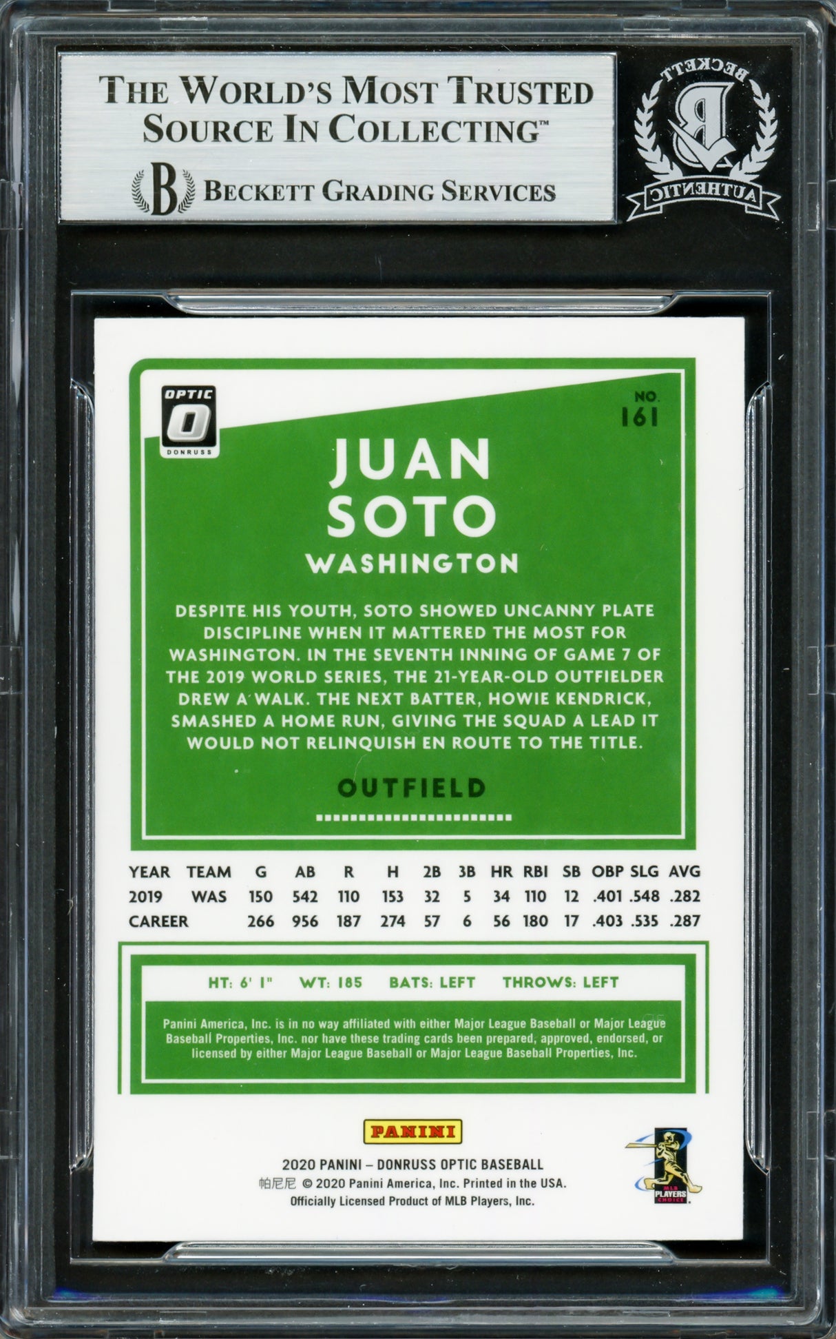 Juan Soto Autographed 2020 Donruss Optic Card #161 New York Mets Beckett BAS Stock #228032