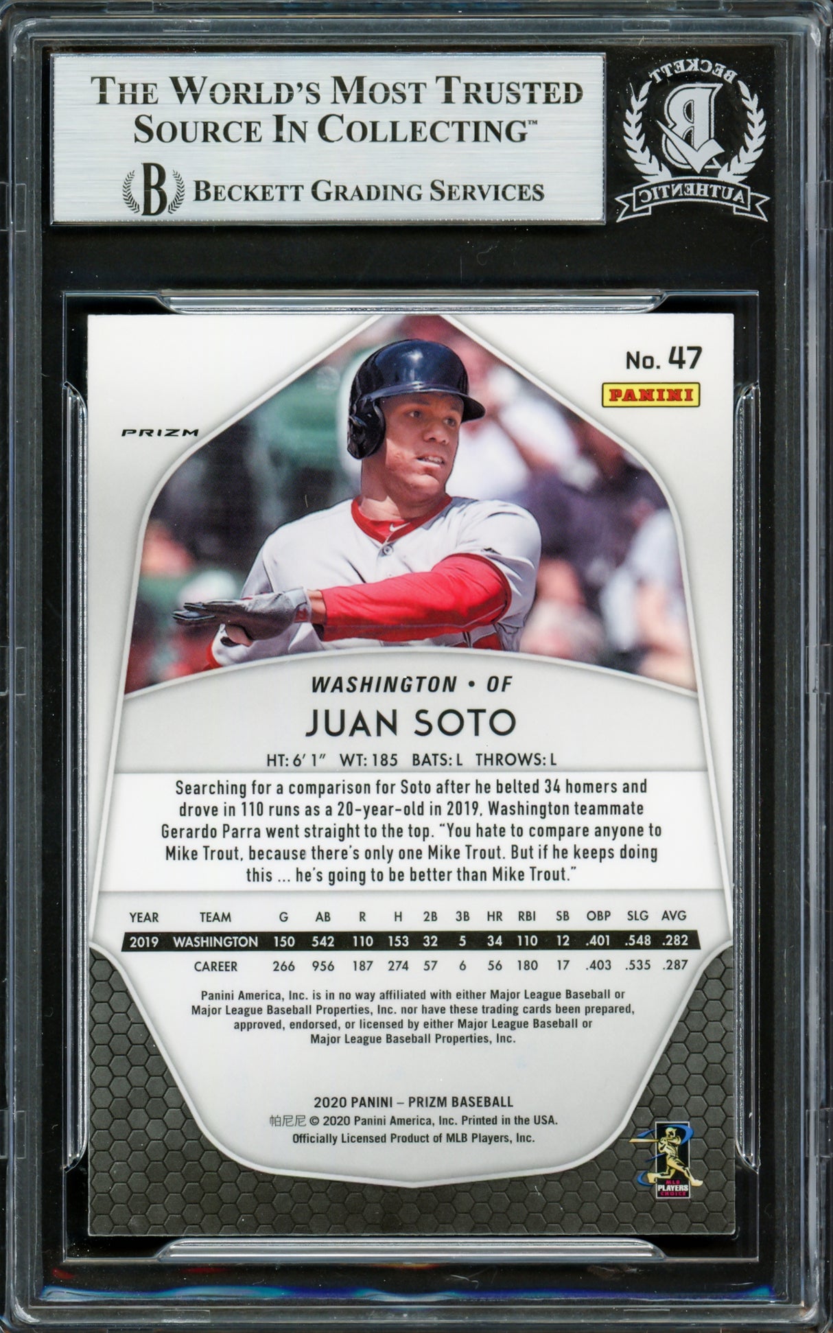 Juan Soto Autographed 2020 Panini Prizm Red White & Blue Card #47 New York Mets Beckett BAS Stock #228033