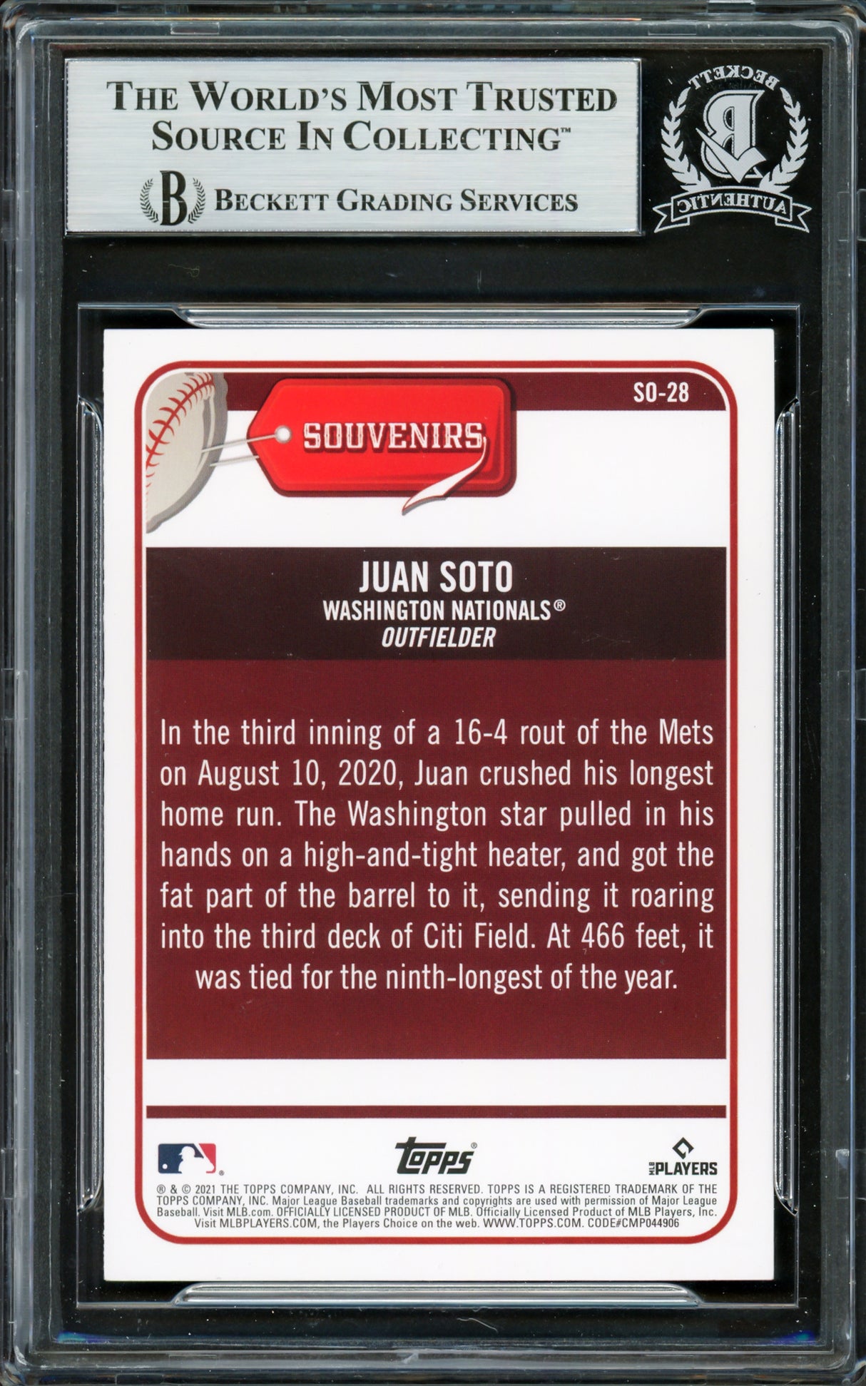 Juan Soto Autographed 2021 Topps Big League Souvenirs Card #SO-28 New York Mets Beckett BAS Stock #228038