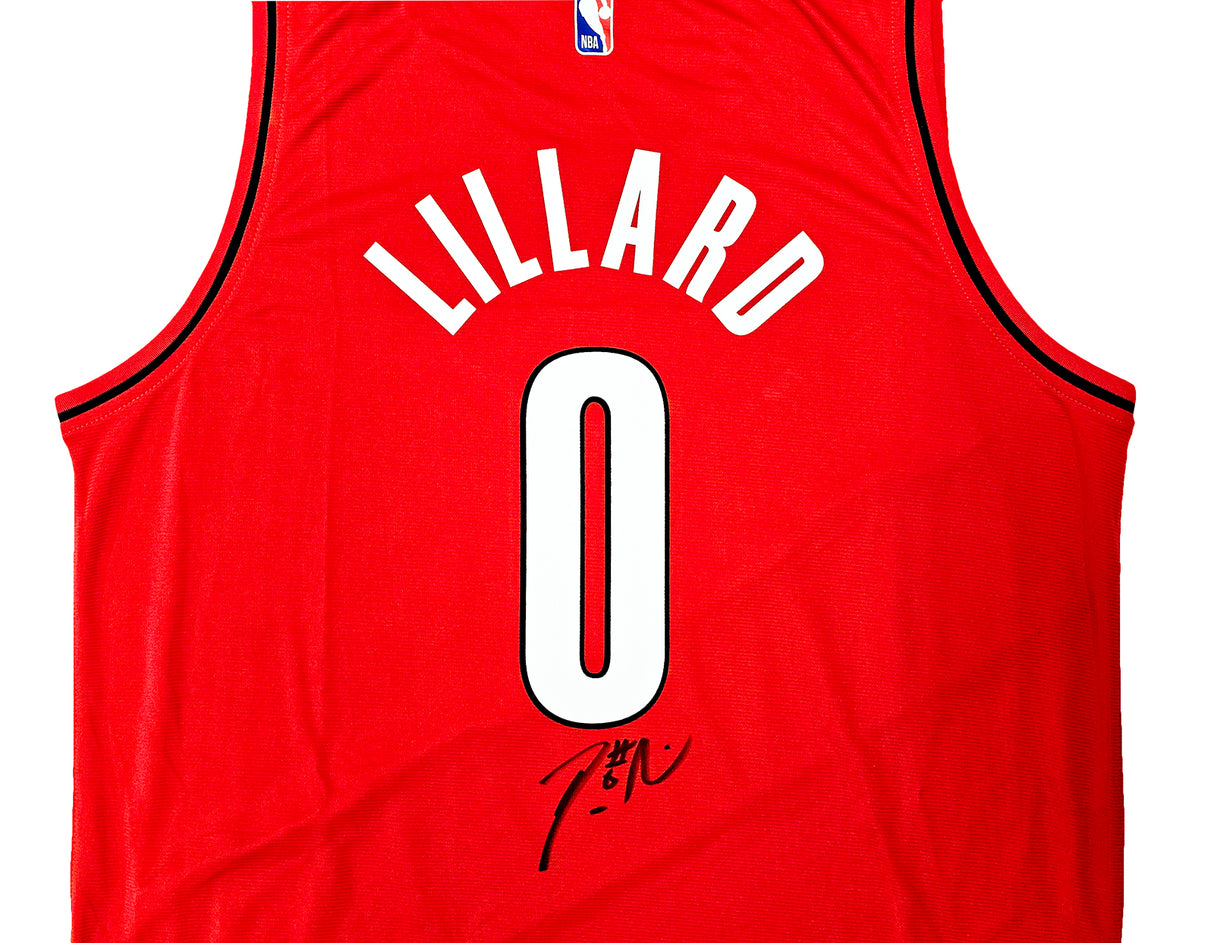 Portland Trailblazers Damian Lillard Autographed Red Fanatics Jersey Size L Beckett BAS QR Stock #214824