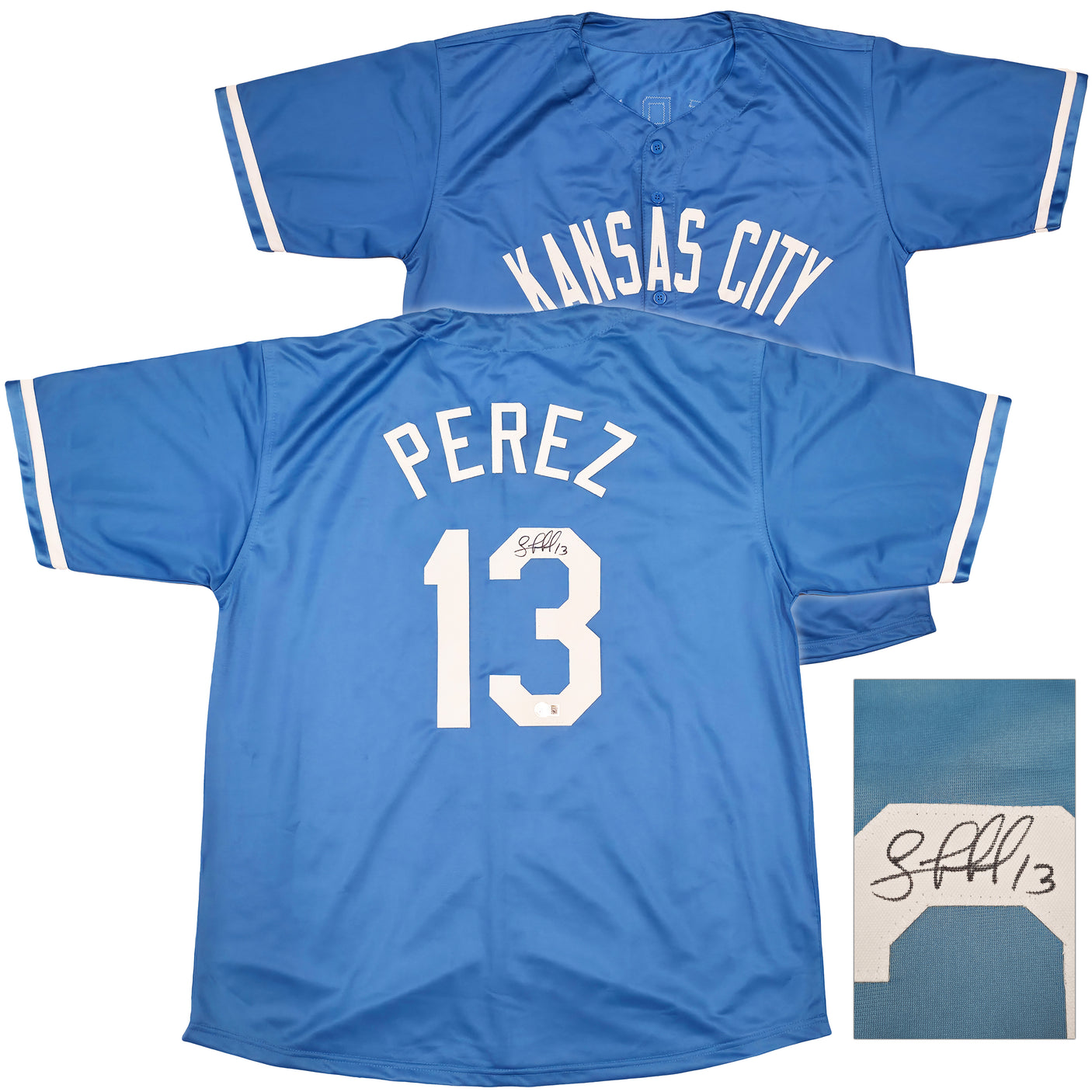 Kansas City Royals Salvador Perez Autographed Baby Blue Jersey Beckett BAS Witness Stock #241644