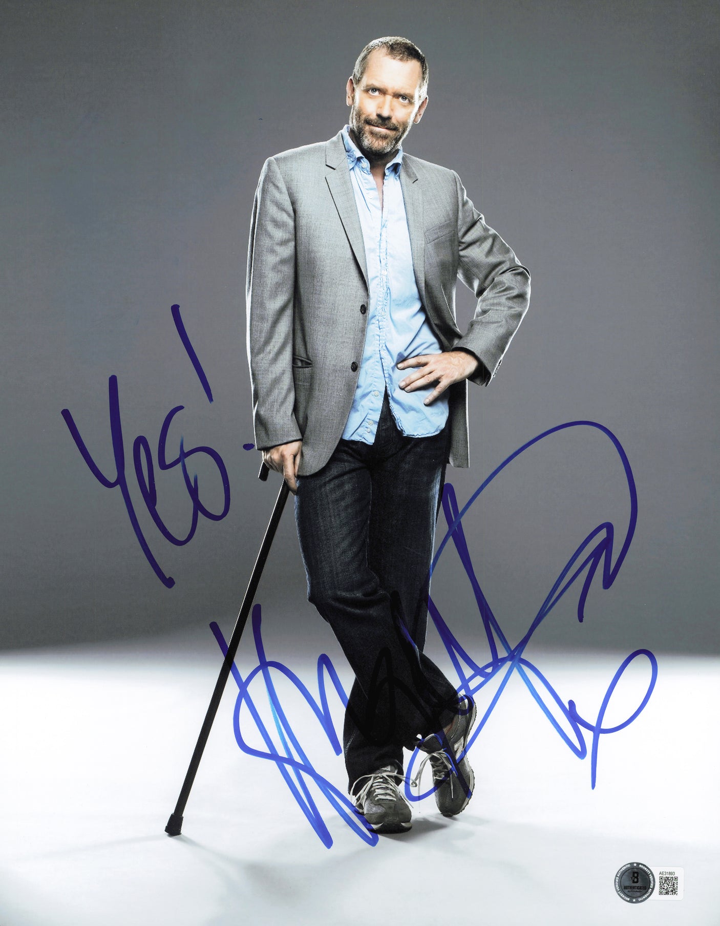 Hugh Laurie Autographed 11x14 Photo House "Yes!" Beckett BAS QR #AE31893