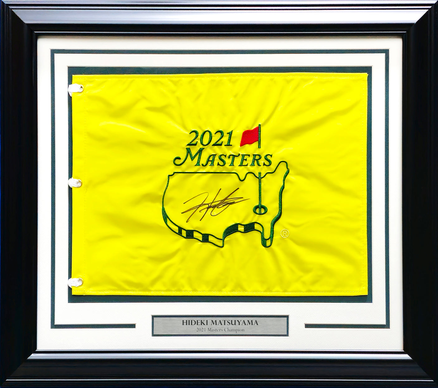Hideki Matsuyama Autographed Framed 2021 Masters Golf Pin Flag Winner Beckett BAS QR Stock #243015