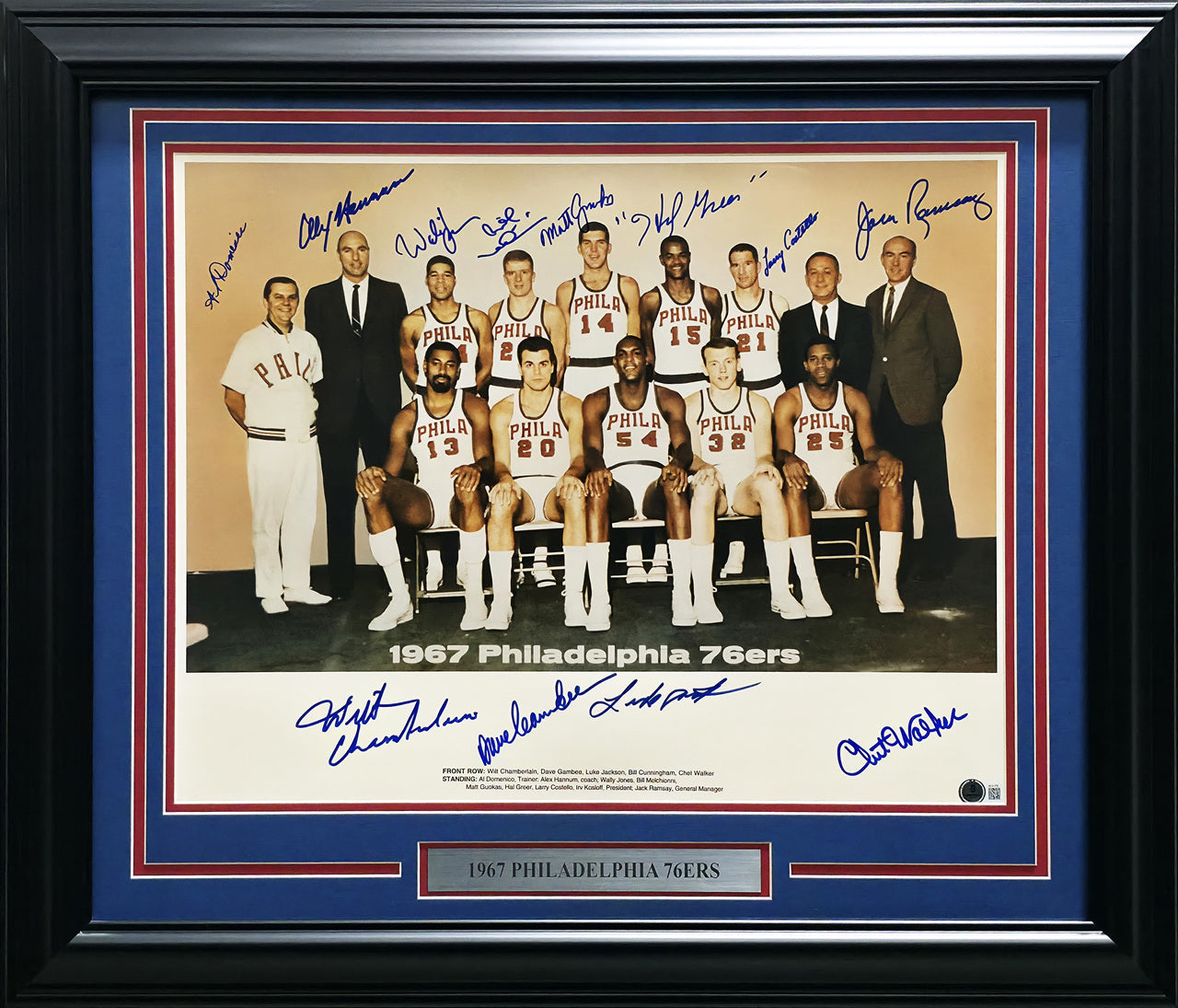 1967 Philadelphia 76ers Team Autographed Framed 16x20 Photo With 12 Signatures Including Wilt Chamberlain Beckett BAS #AE31376
