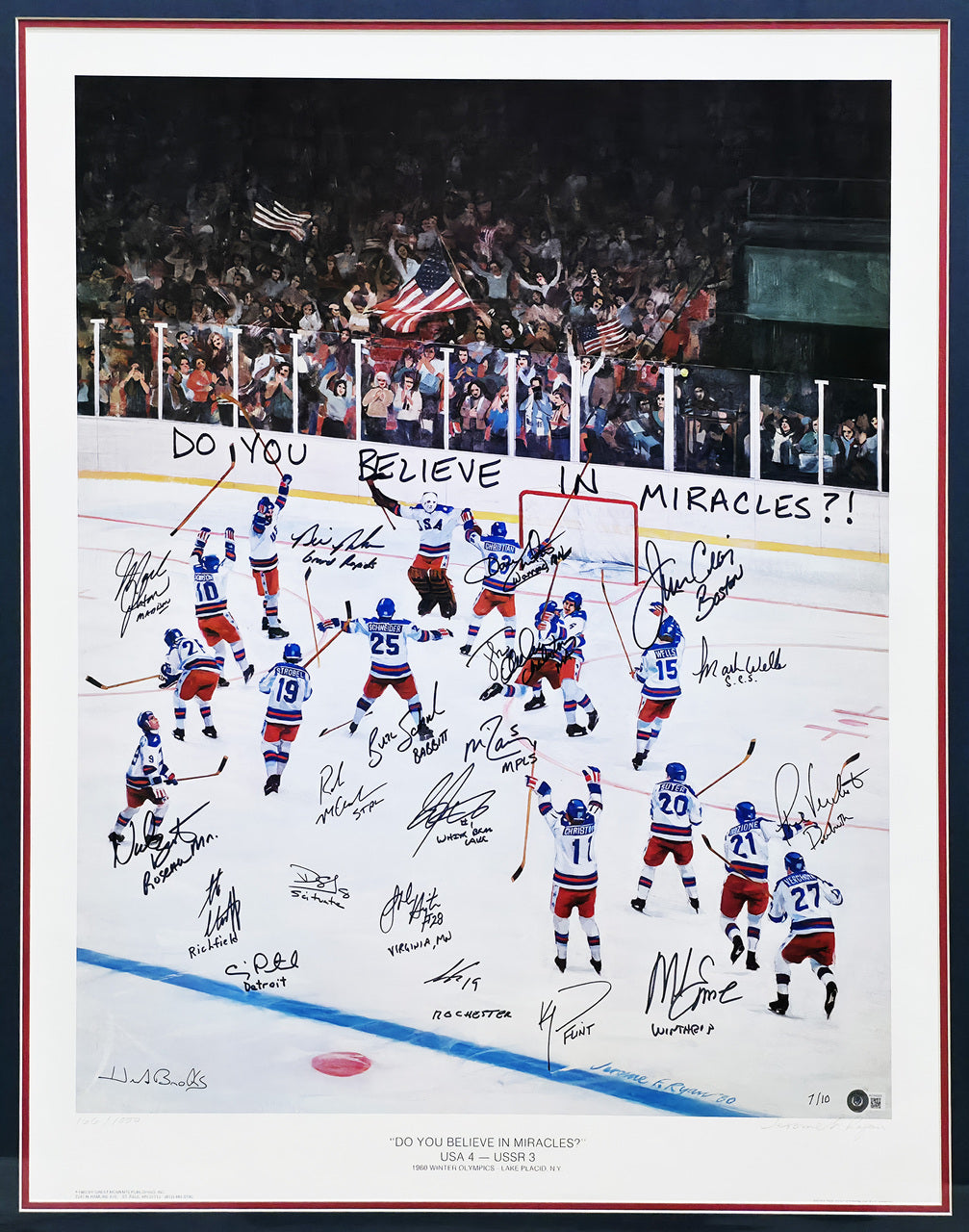 1980 Team USA Hockey Team Autographed Framed 26x32 Lithograph Photo "Do You Believe In Miracles?!" With 20 Signatures Including Herb Brooks Beckett BAS #AC40053