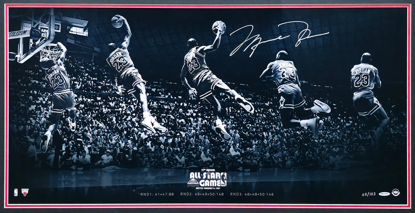 Michael Jordan Autographed Framed 18x36 'Kiss the Rim' Photo Chicago Bulls 1987 NBA Slam Dunk Contest #65/123 UDA Holo #BAM147630