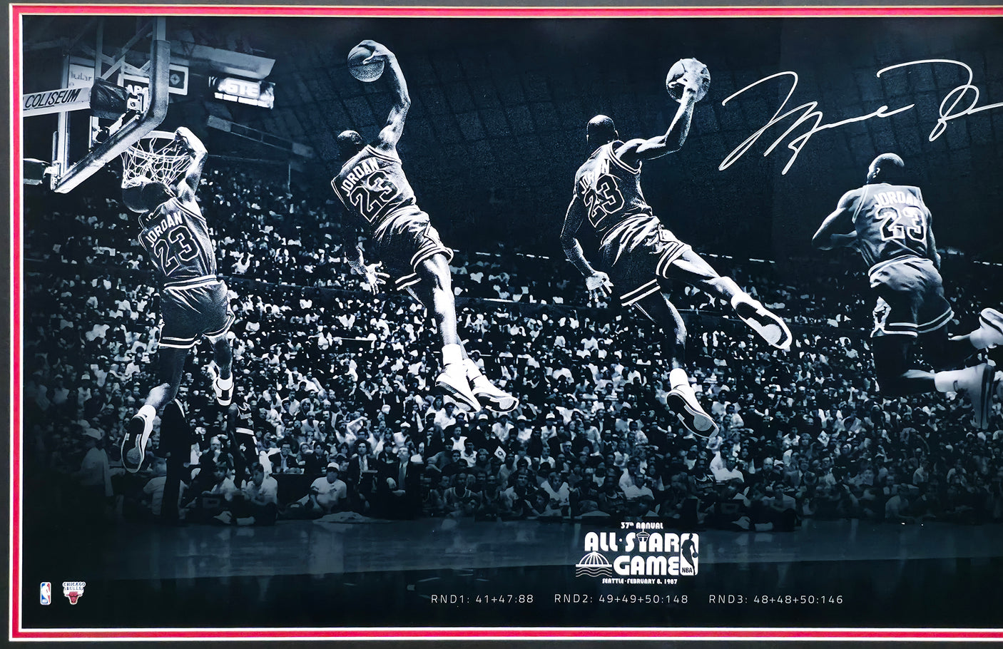 Michael Jordan Autographed Framed 18x36 'Kiss the Rim' Photo Chicago Bulls 1987 NBA Slam Dunk Contest #65/123 UDA Holo #BAM147630