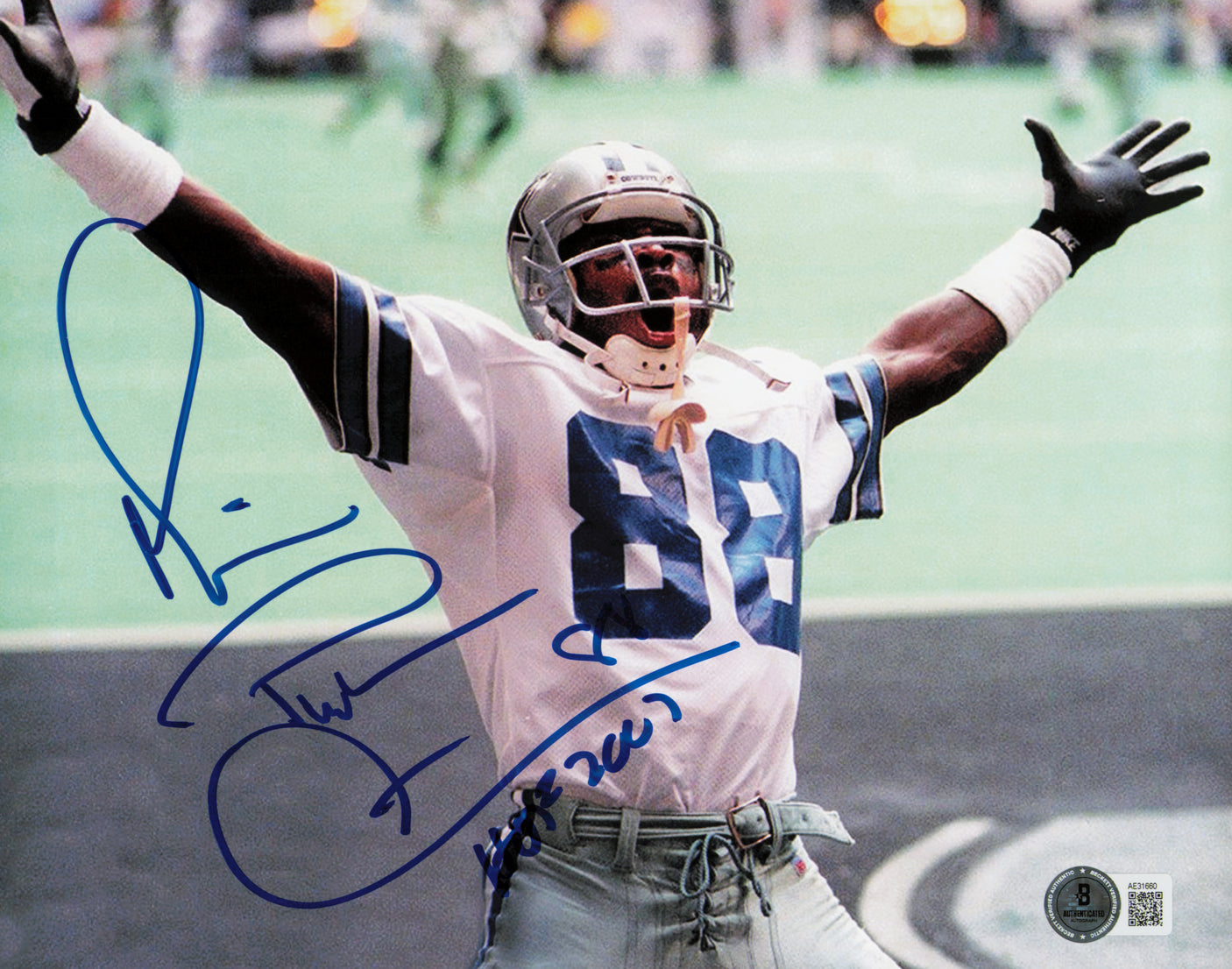 Michael Irvin Autographed 8x10 Photo Dallas Cowboys "Playmaker HOF 2007" Beckett BAS QR #AE31660