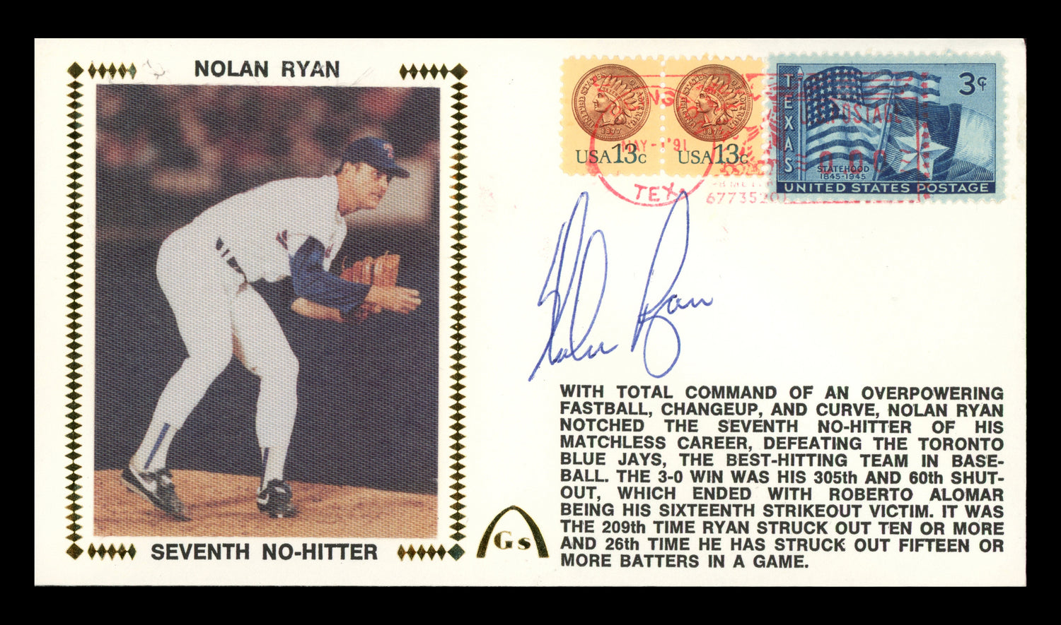 Nolan Ryan Autographed 1991 First Day Cover Texas Rangers SKU #242475