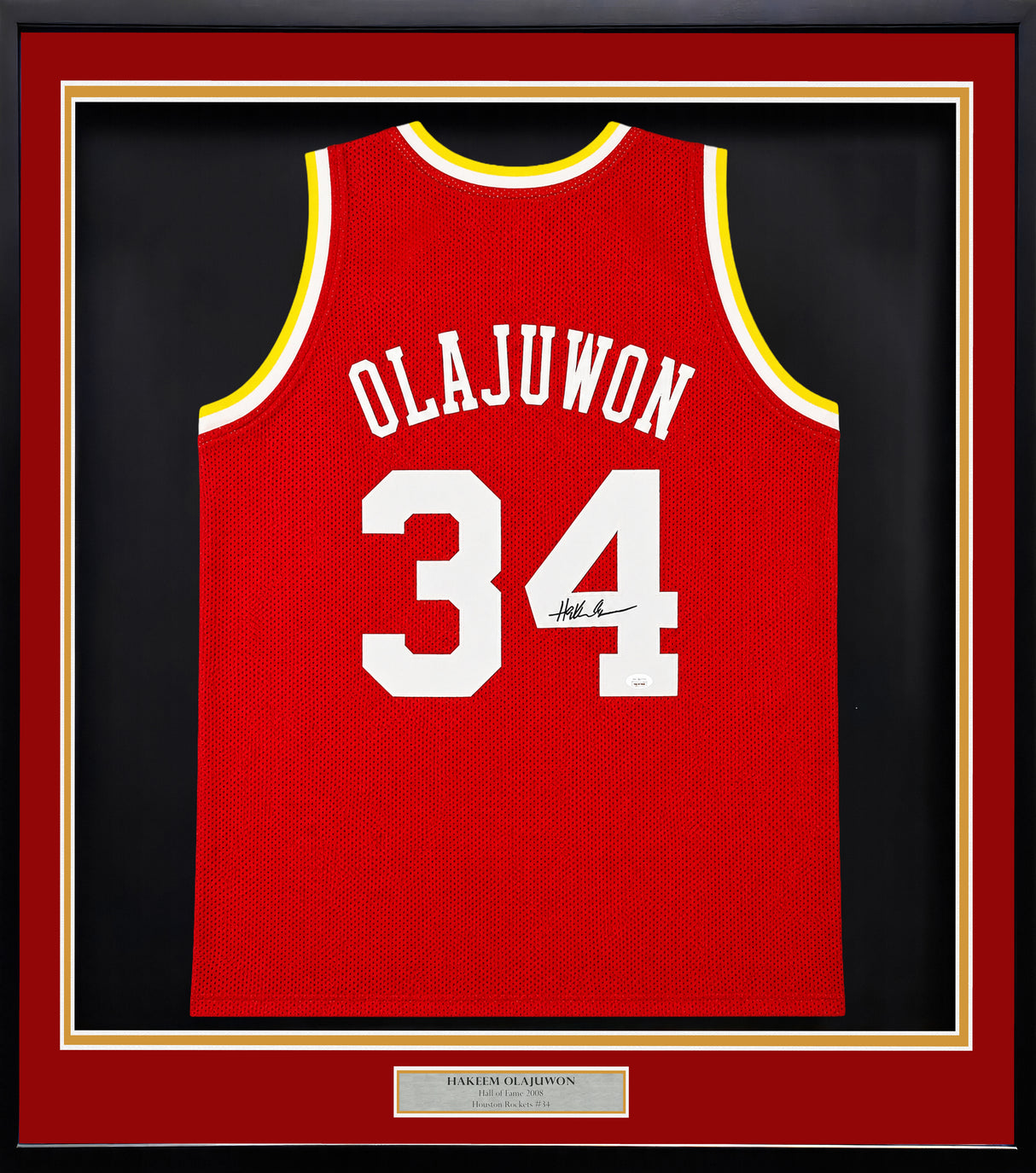Houston Rockets Hakeem Olajuwon Autographed Framed Red Jersey JSA Stock #265449