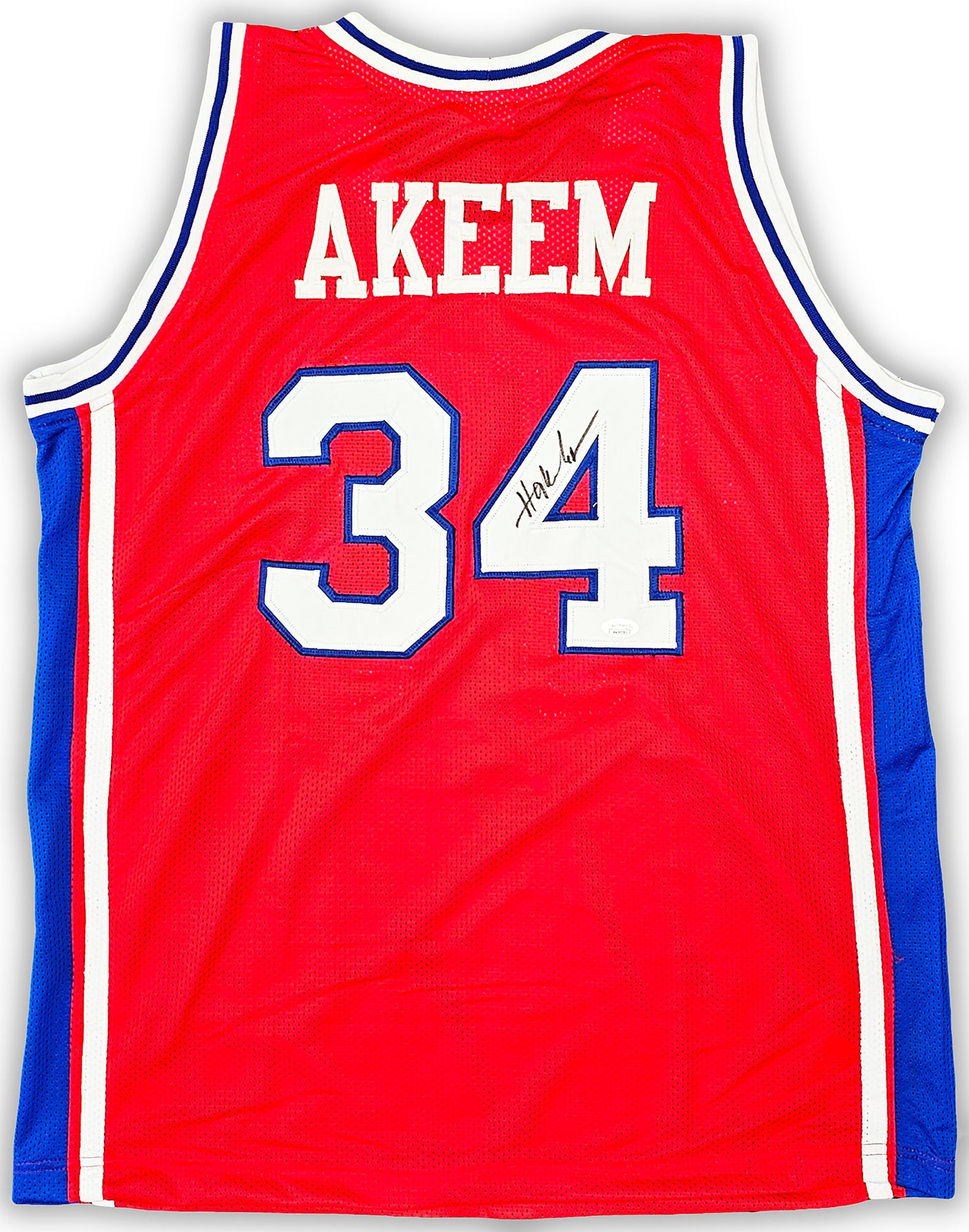 Houston Cougars Hakeem Olajuwon Autographed Red Jersey JSA Stock #215696