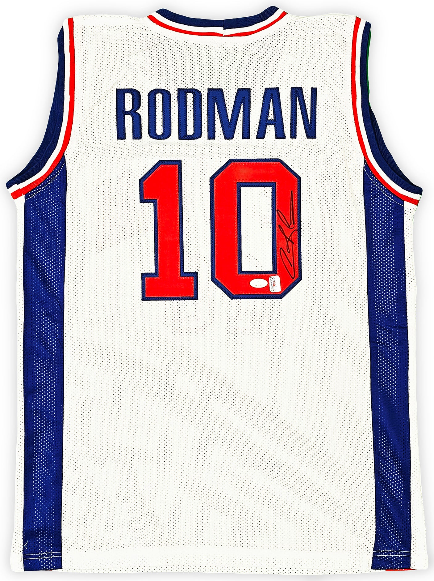 Detroit Pistons Dennis Rodman Autographed White Jersey JSA Stock #215730