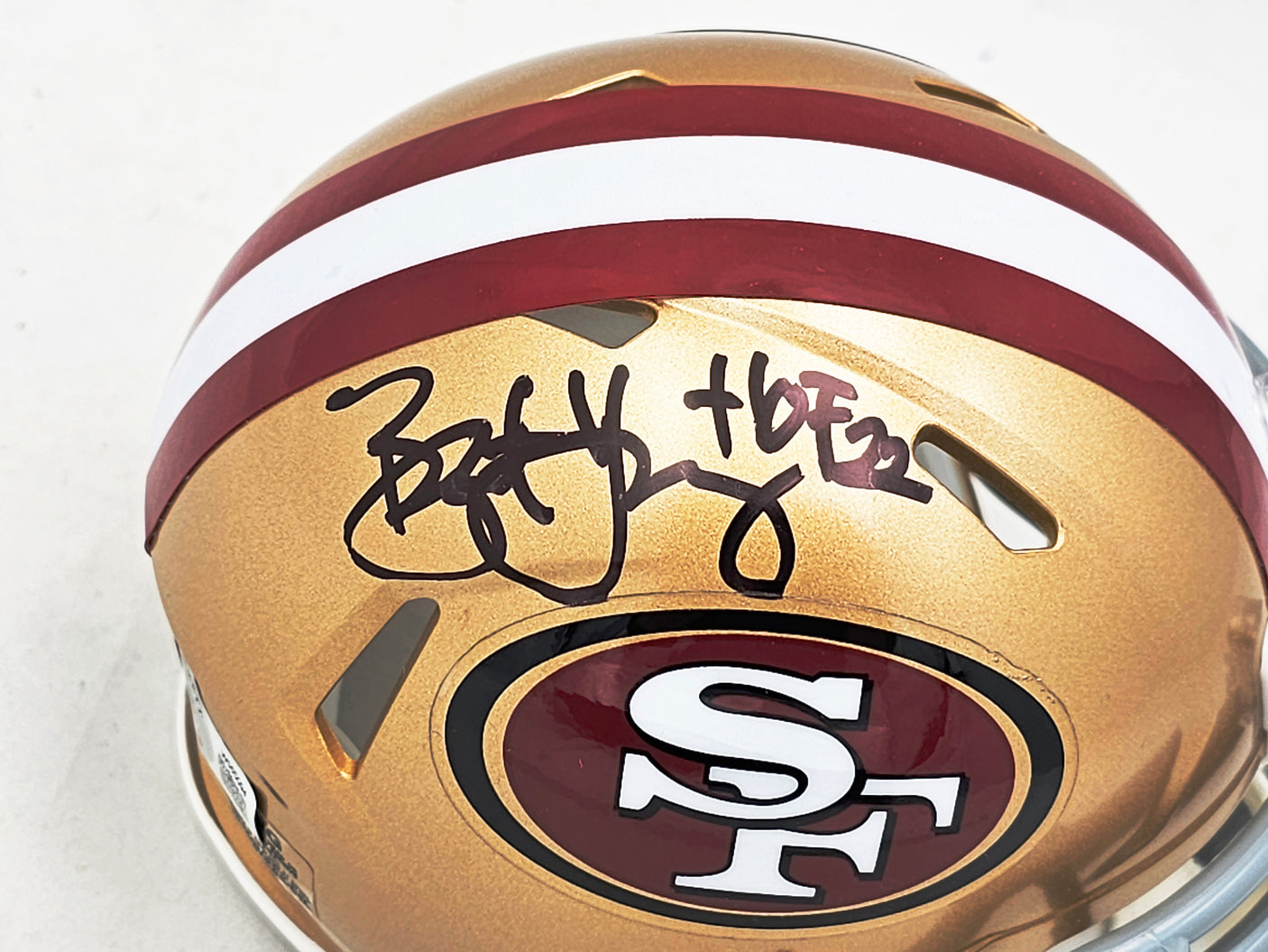 Bryant Young Autographed San Francisco 49ers Gold Speed Mini Helmet "HOF 22" Beckett BAS Witness Stock #215663
