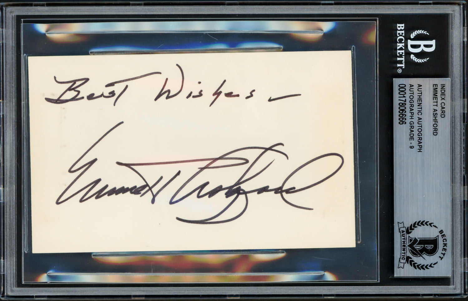 Emmett Ashford Autographed 3x5 Index Card Umpire Auto Grade Mint 9 "Best Wishes" Beckett BAS #17806666