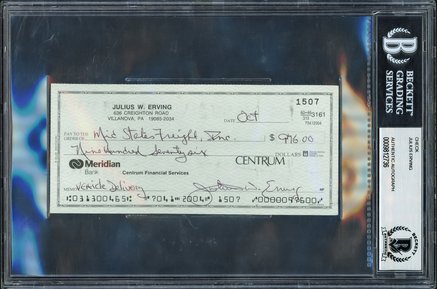 Julius Dr. J Erving Autographed 3x6 Check Philadelphia 76ers Beckett BAS #9812736