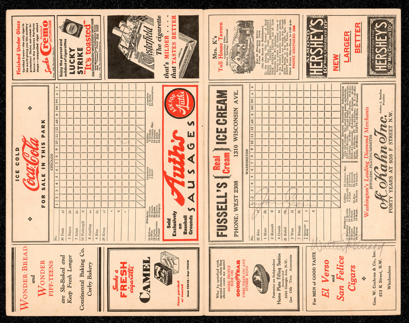 Walter Johnson & Joe Cronin Autographed 1932 Washington Senators Scorecard Beckett BAS #AE25471