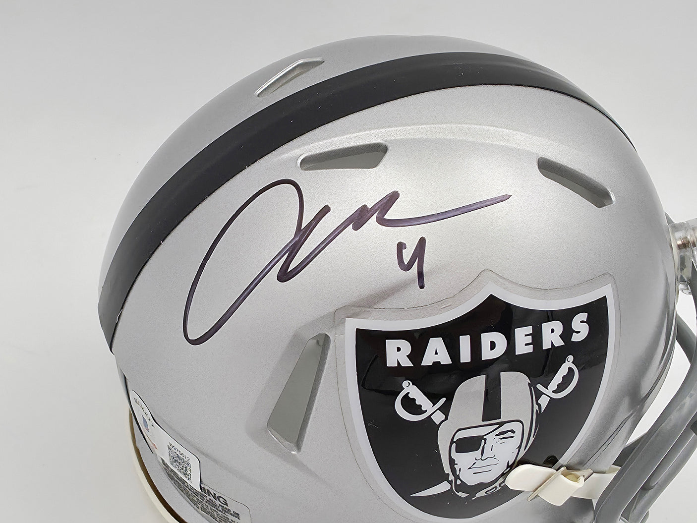Aidan O'Connell Autographed Oakland Raiders Silver Speed Mini Helmet Beckett BAS Witness #W975612