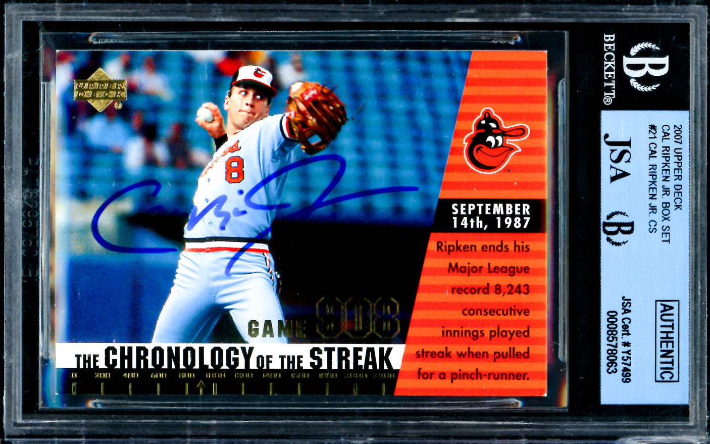 Cal Ripken Jr. Autographed 2007 Upper Deck Card #21 Baltimore Orioles Box Set Beckett BAS #8578063