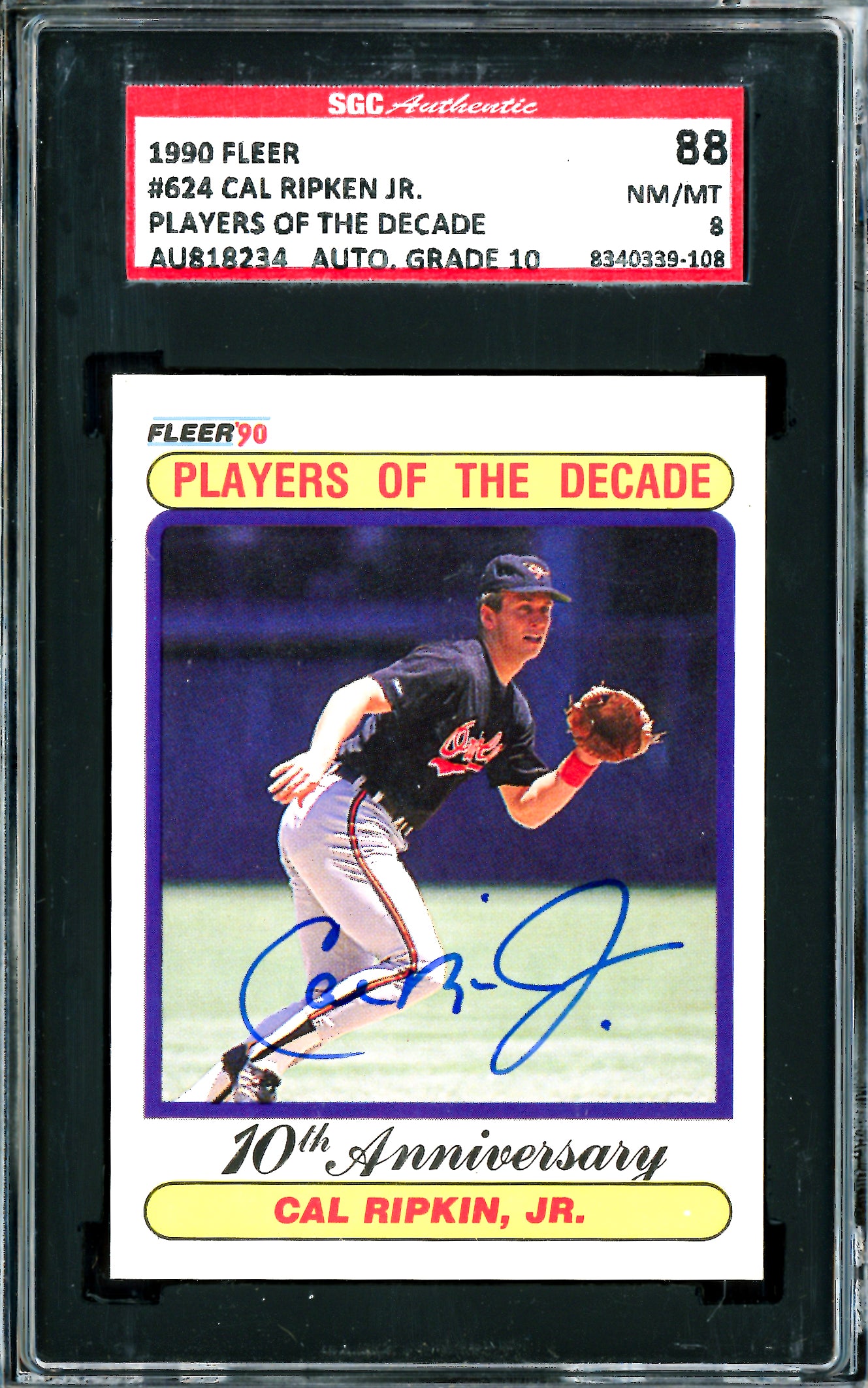 Cal Ripken Jr. Autographed 1990 Fleer Card #624 Baltimore Orioles SGC 8 Auto Grade Gem Mint 10 SGC #8340339-108