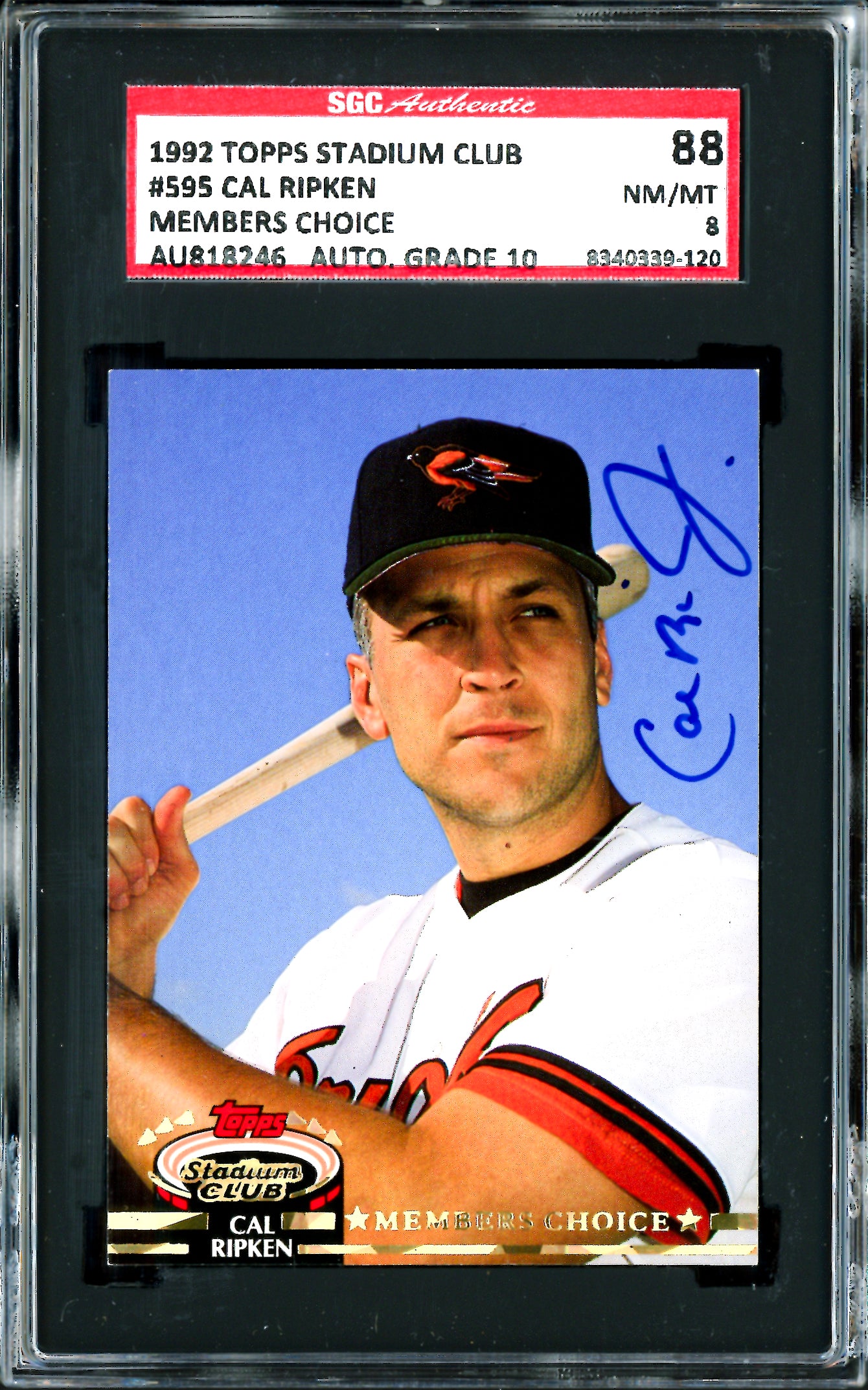 Cal Ripken Jr. Autographed 1992 Topps Stadium Club Card #595 Baltimore Orioles SGC 8 Auto Grade Gem Mint 10 SGC #8340339-120