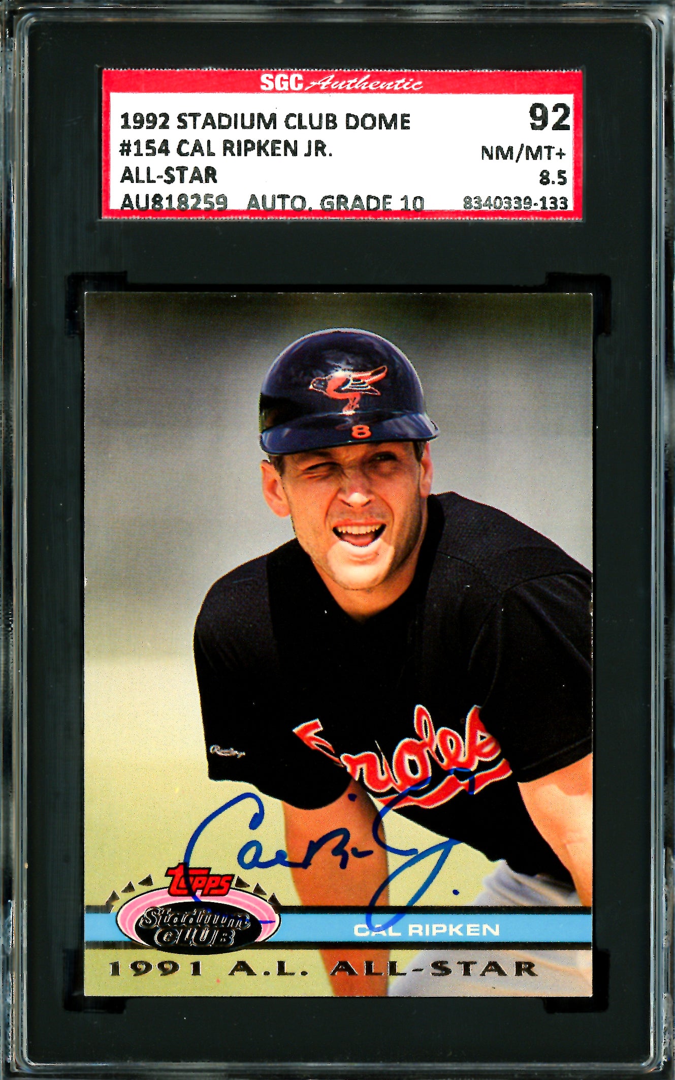 Cal Ripken Jr. Autographed 1992 Stadium Club Dome Card #154 Baltimore Orioles SGC 8.5 Auto Grade Gem Mint 10 SGC #8340339-133