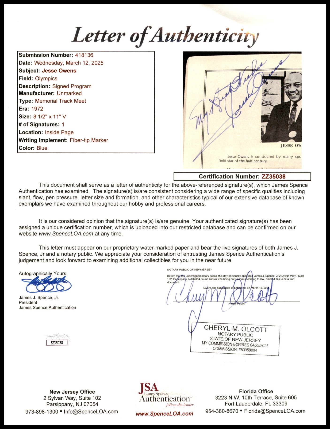 Jesse Owens Autographed 1936 Olympics Program "My Best Wishes" JSA #ZZ35038