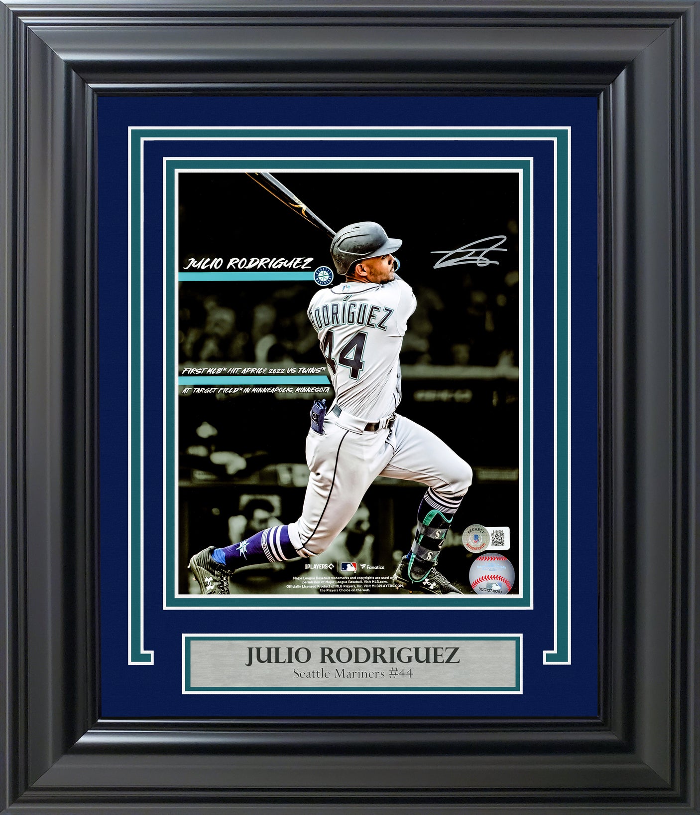 Julio Rodriguez Autographed Framed 8x10 Photo Seattle Mariners 1st Career MLB Hit Beckett BAS QR Stock #230198